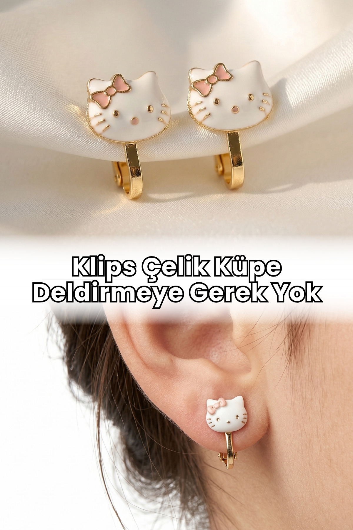 Elifsu Jewelry Çelik Zirkon Taşlı Klips Küpe Kalp veya Hello Kitty