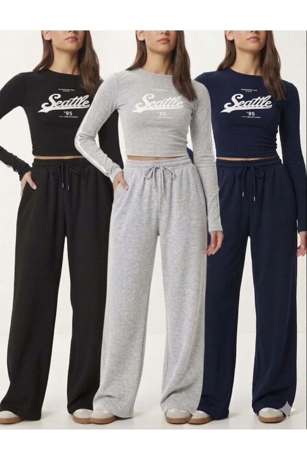 COLNY 3 Adet unisex Siyah+ Gri+ Lacivert geniş kalıp geniş paça eşofman altı