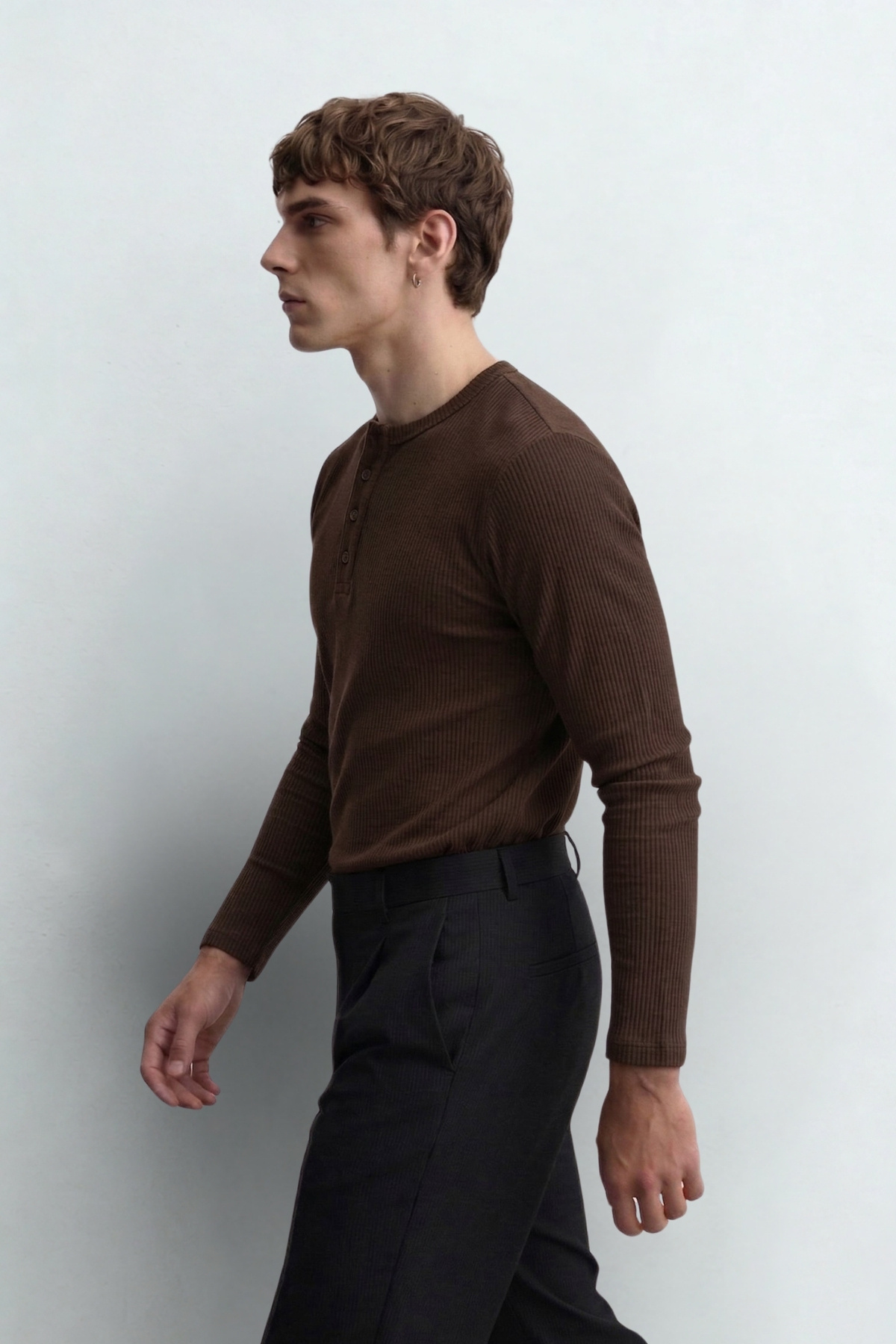 ATE STUDIOS Henley Yaka Düğmeli Dar Kesim Uzun Kol Erkek Tişört görsel 6