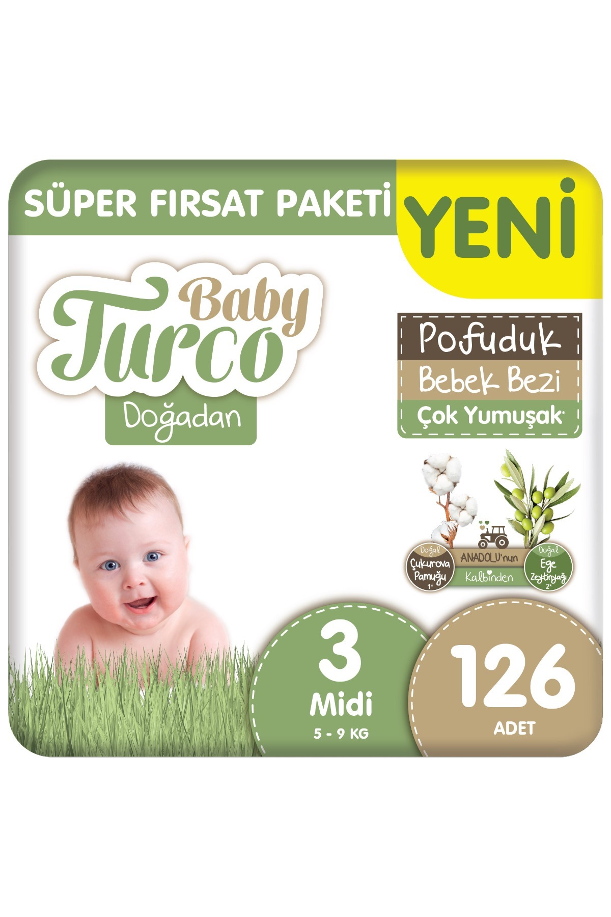 Baby Turco Doğadan Süper Fırsat Paketi Pofuduk Bebek Bezi 3 Numara Midi 126 Adet - Fiyatı, Yorumları