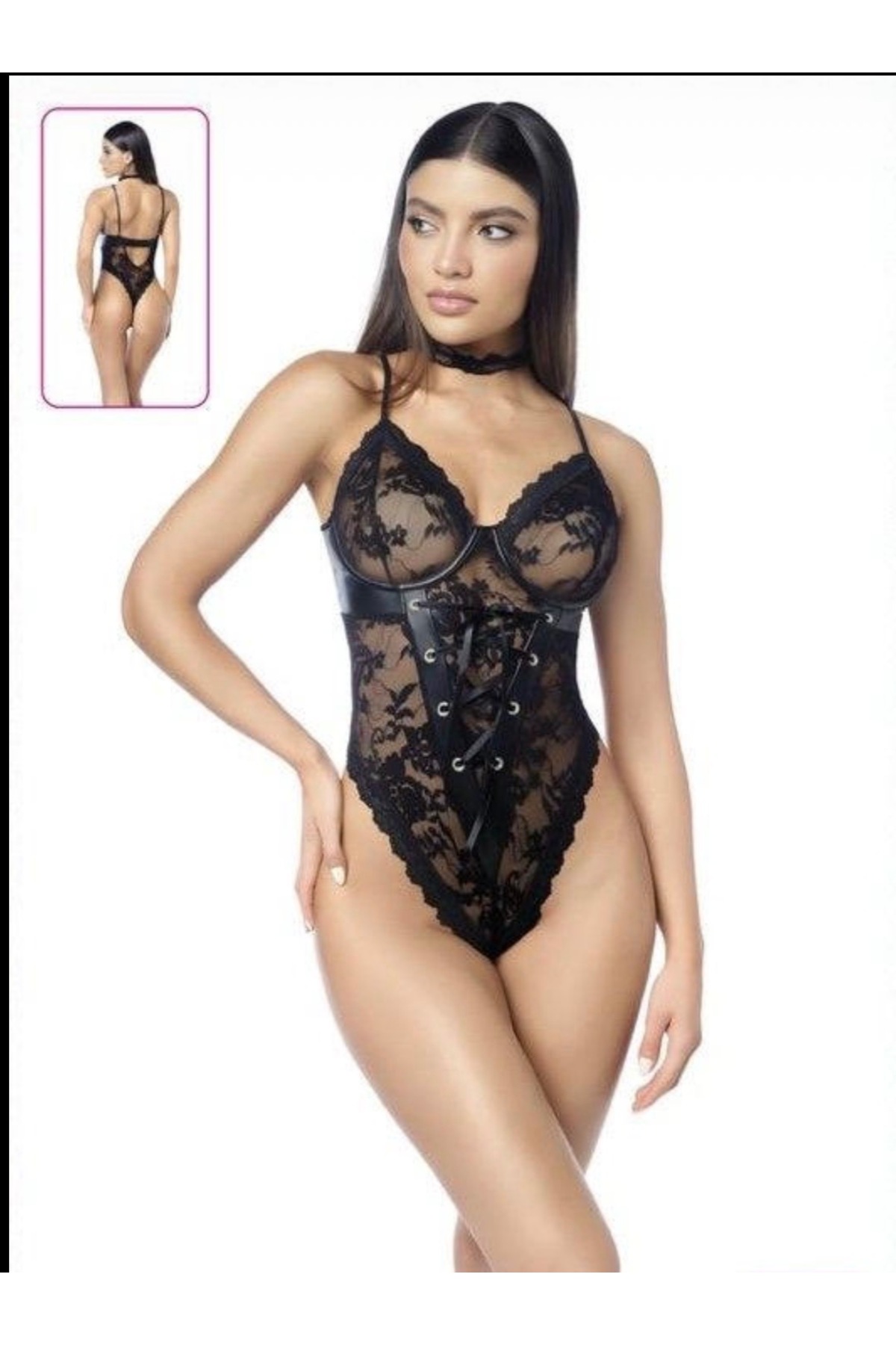 Kadın Siyah Dantel Detaylı Bağcıklı Fantezi Body – Transparan Şık Tasarım