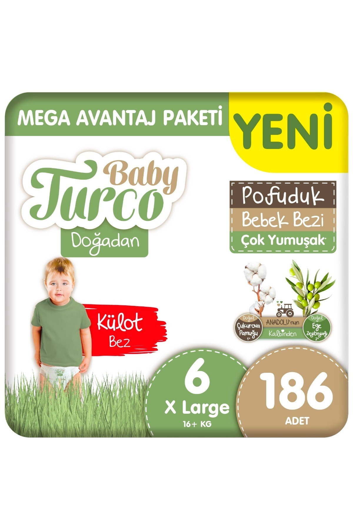 Baby Turco Doğadan Mega Avantaj Paketi Pofuduk Külot Bez 6 Numara Xlarge 186 Adet