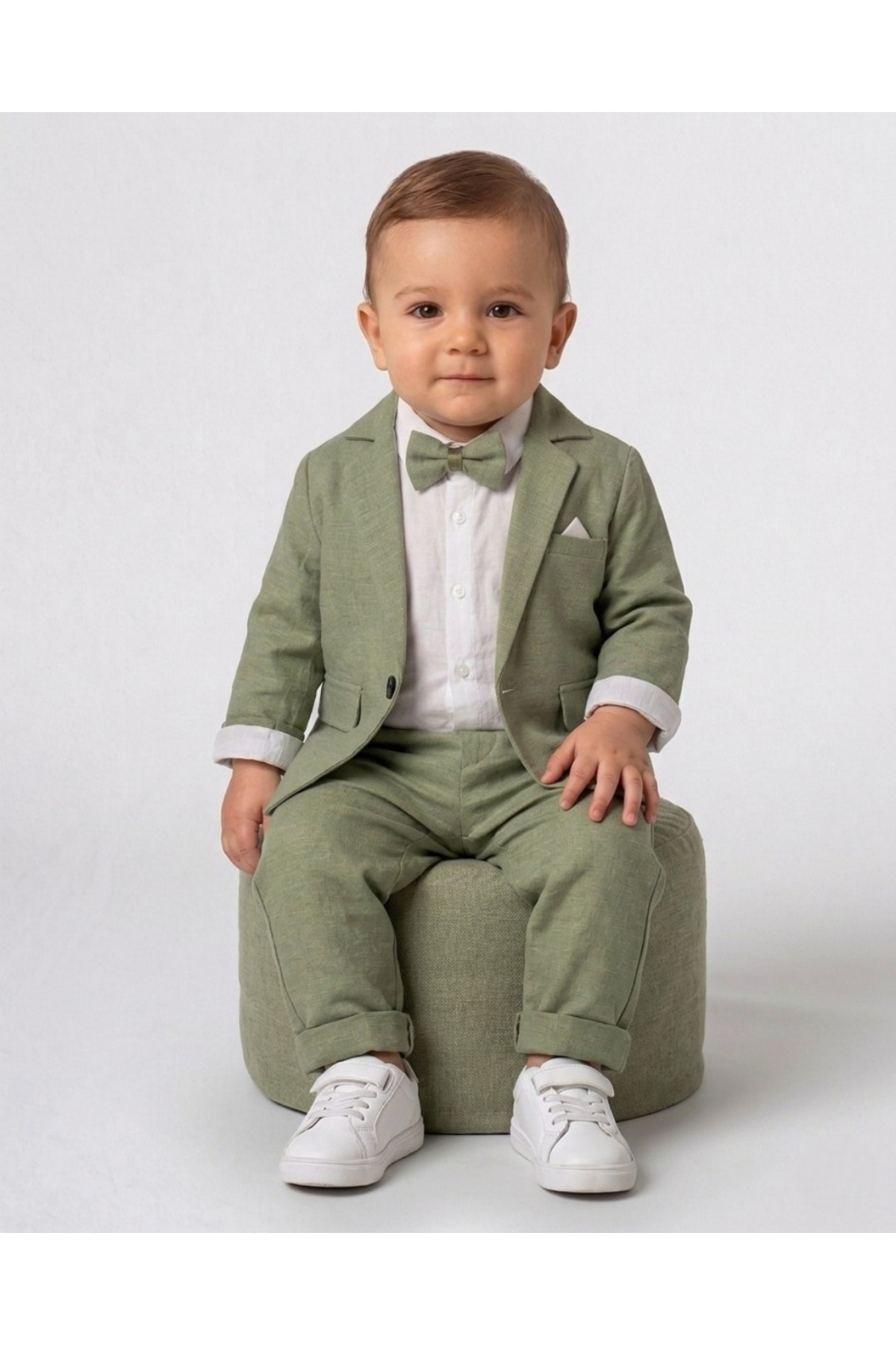 Ege Bebek Baby Boy Linen Jacket, Trousers, Snap Button Shirt, 3-6-9-12-18-24 Months Stylish Bow Tie 4-Piece Set