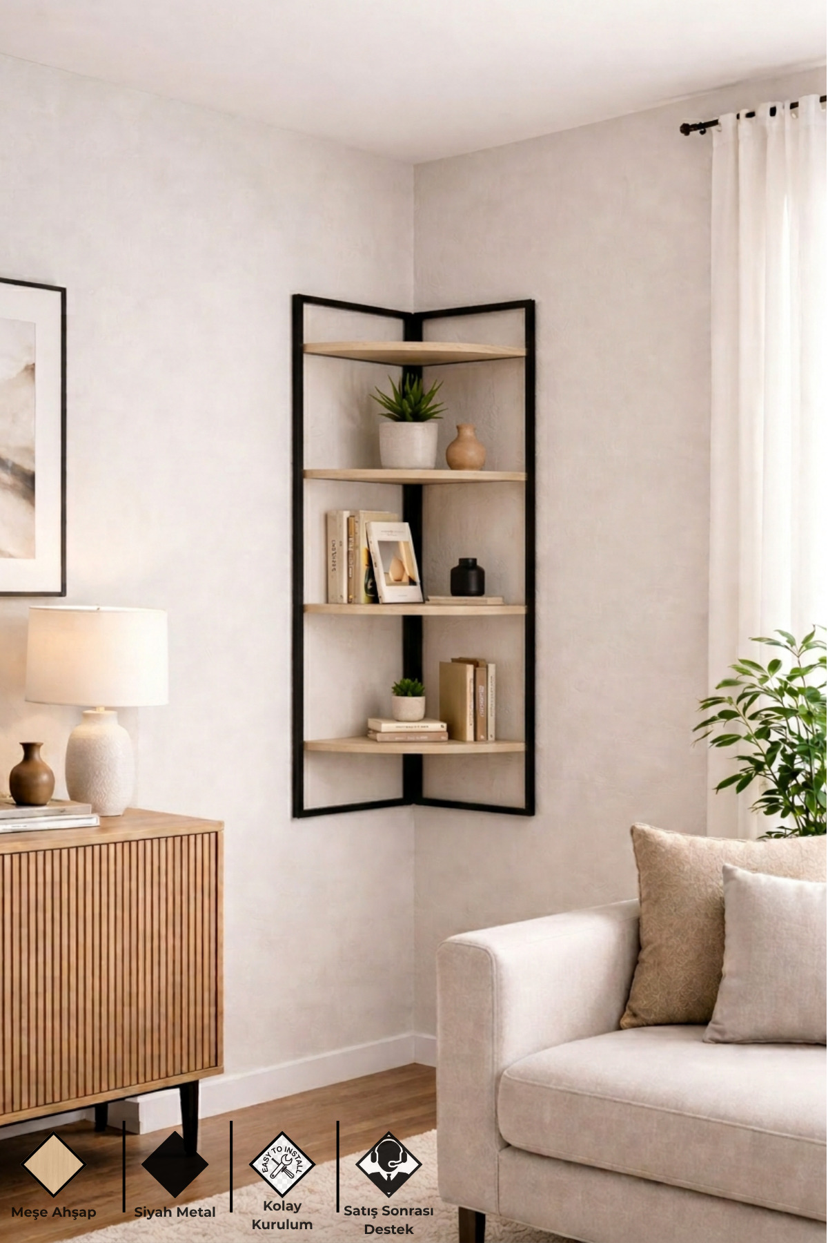 Corner Wall Shelf, 4 Tiers ,Black Metal, Modern Decorative Wall Mounted Shelf, Bookcase,