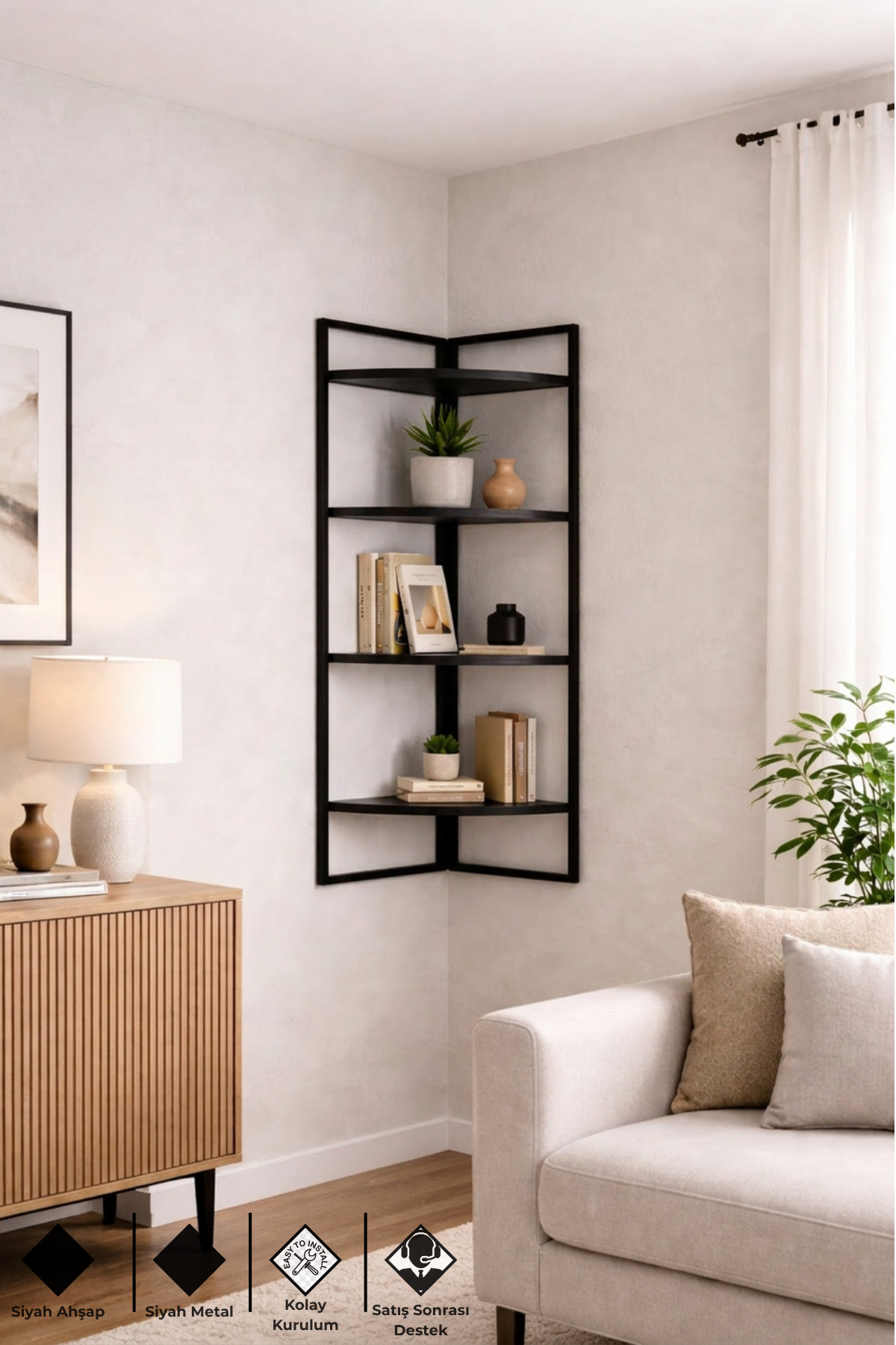 Corner Wall Shelf, 4 Tiers ,Black Metal, Modern Decorative Wall Mounted Shelf, Bookcase,