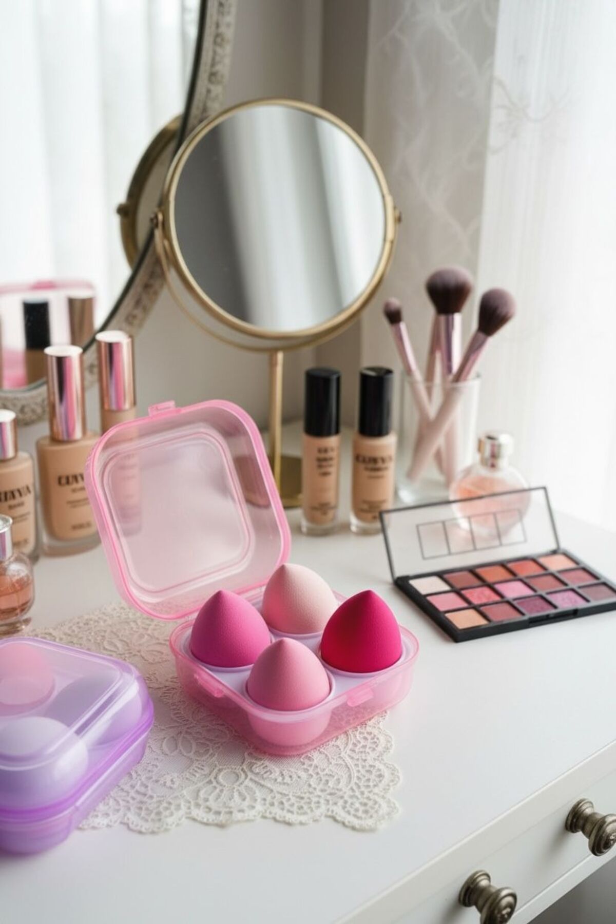 4’lü Renkli Armut Makyaj Süngeri – Pembe Kutulu Fondöten ve Likit Makyaj Seti