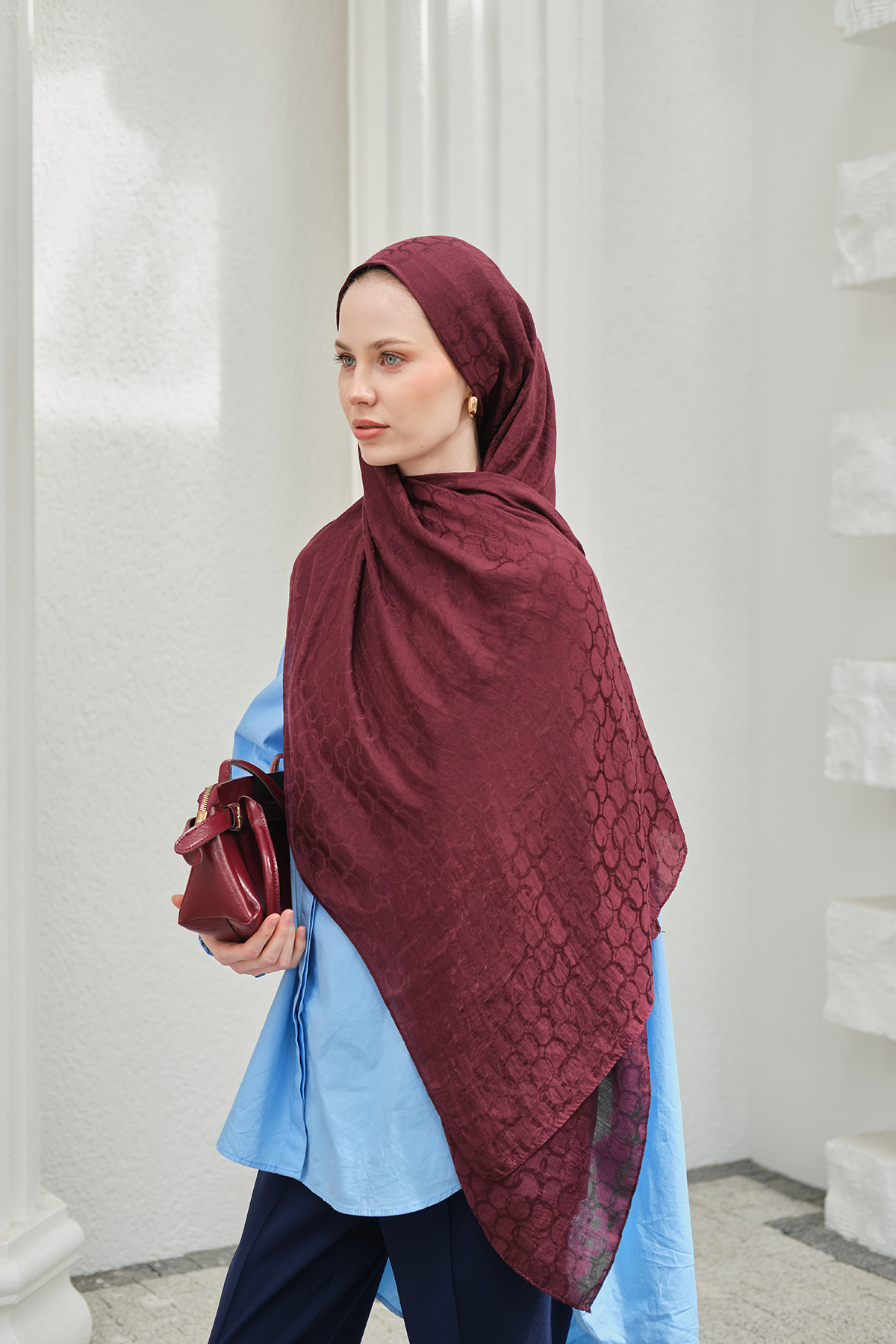 Mira İpek  Döngü Desen Pamuk Ayrobin Jakar Şal Kadın - Görsel 2