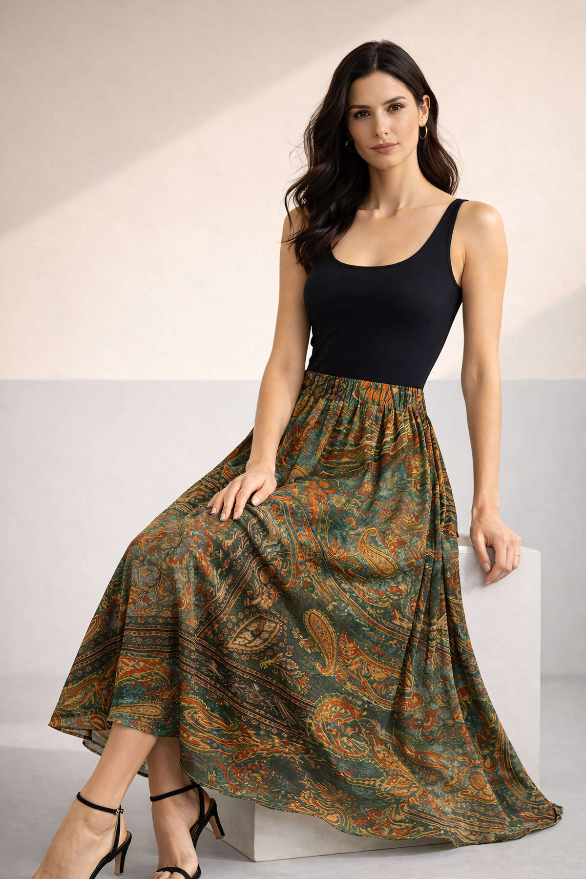 Sienza  Yüksek Bel Bohem Şal Desenli Midi Etek – Akışkan Kumaş, Lastikli Bel, Premium Günlük & Şık Kombin - Görsel 7