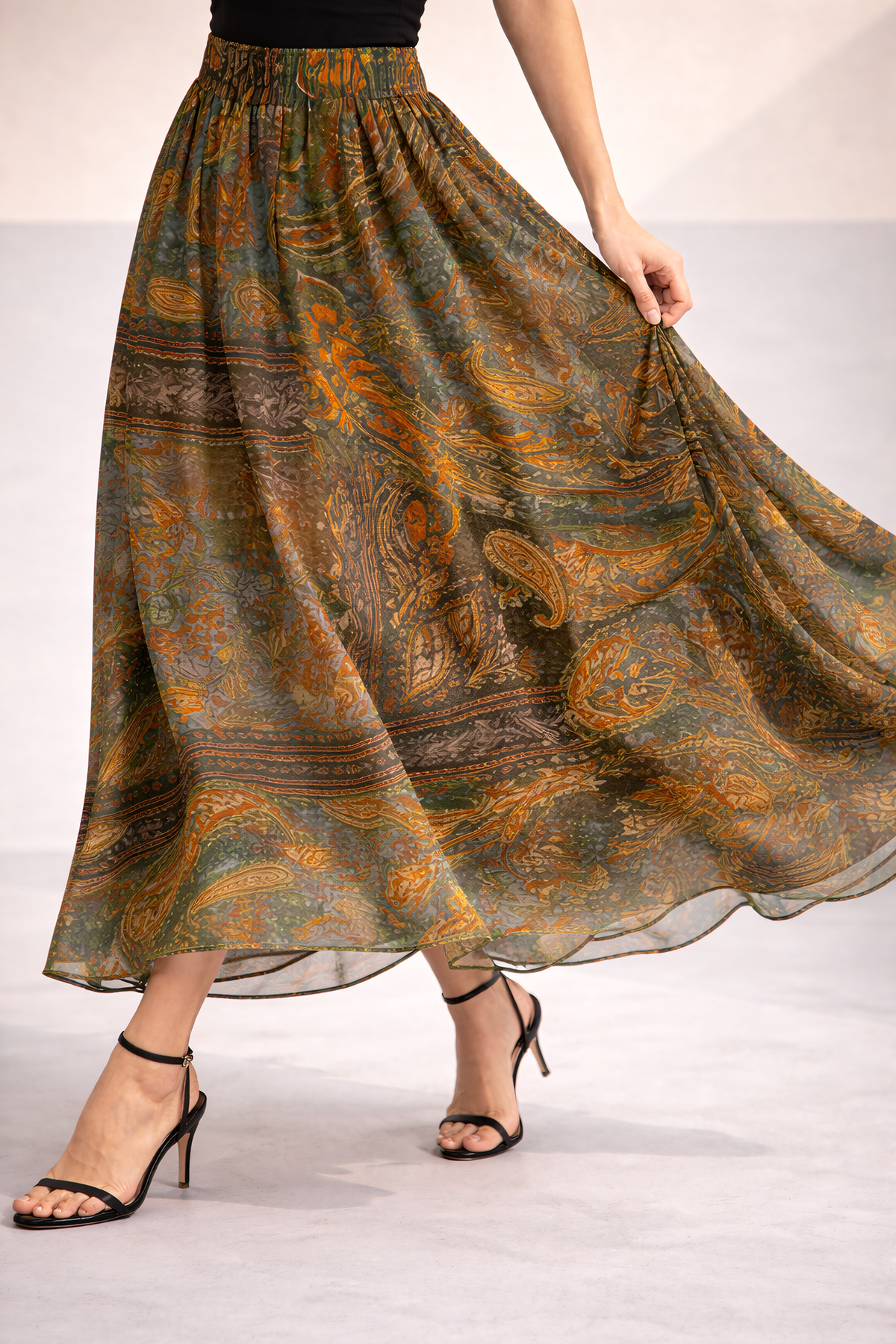 Sienza  Yüksek Bel Bohem Şal Desenli Midi Etek – Akışkan Kumaş, Lastikli Bel, Premium Günlük & Şık Kombin - Görsel 3