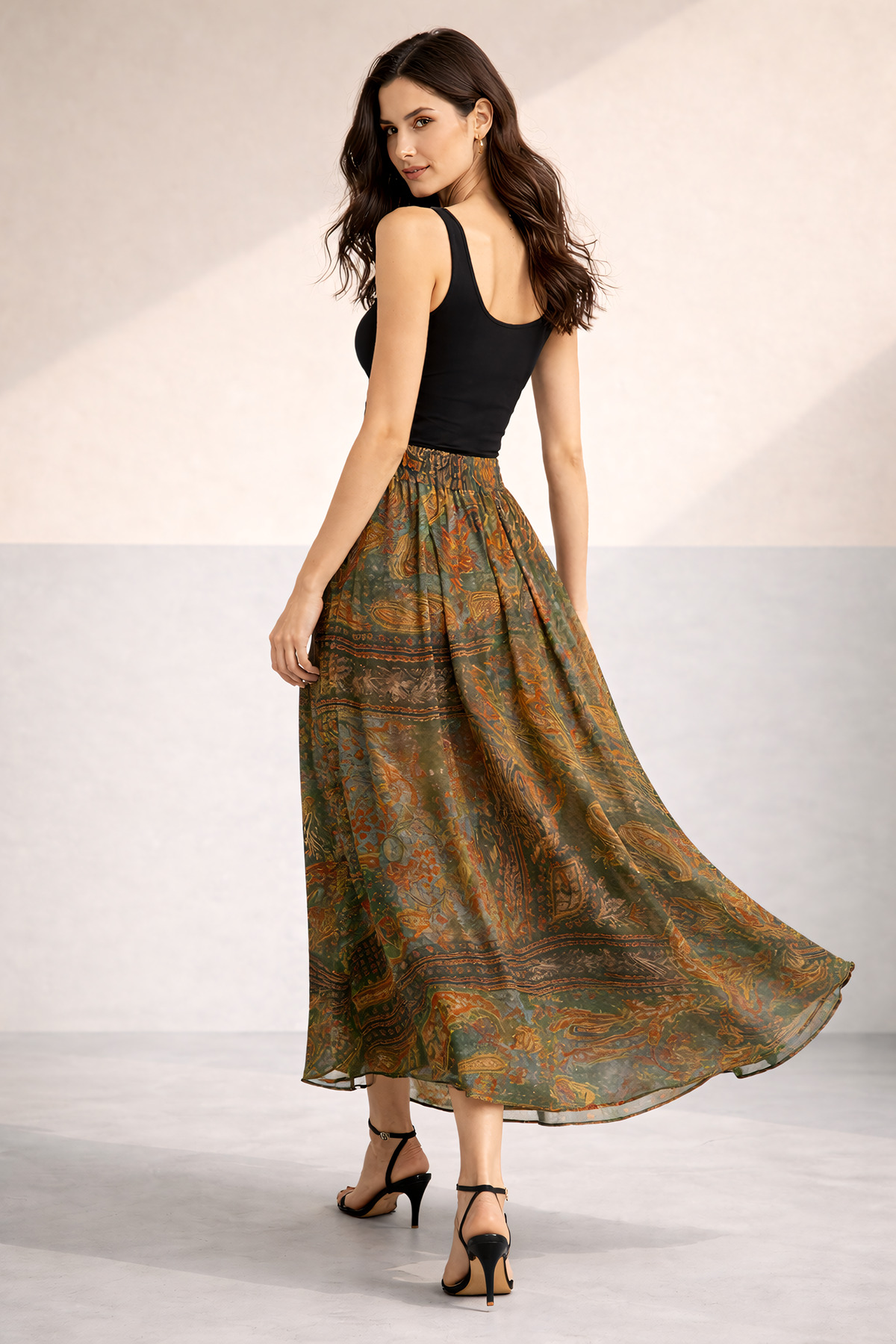 Sienza  Yüksek Bel Bohem Şal Desenli Midi Etek – Akışkan Kumaş, Lastikli Bel, Premium Günlük & Şık Kombin - Görsel 5