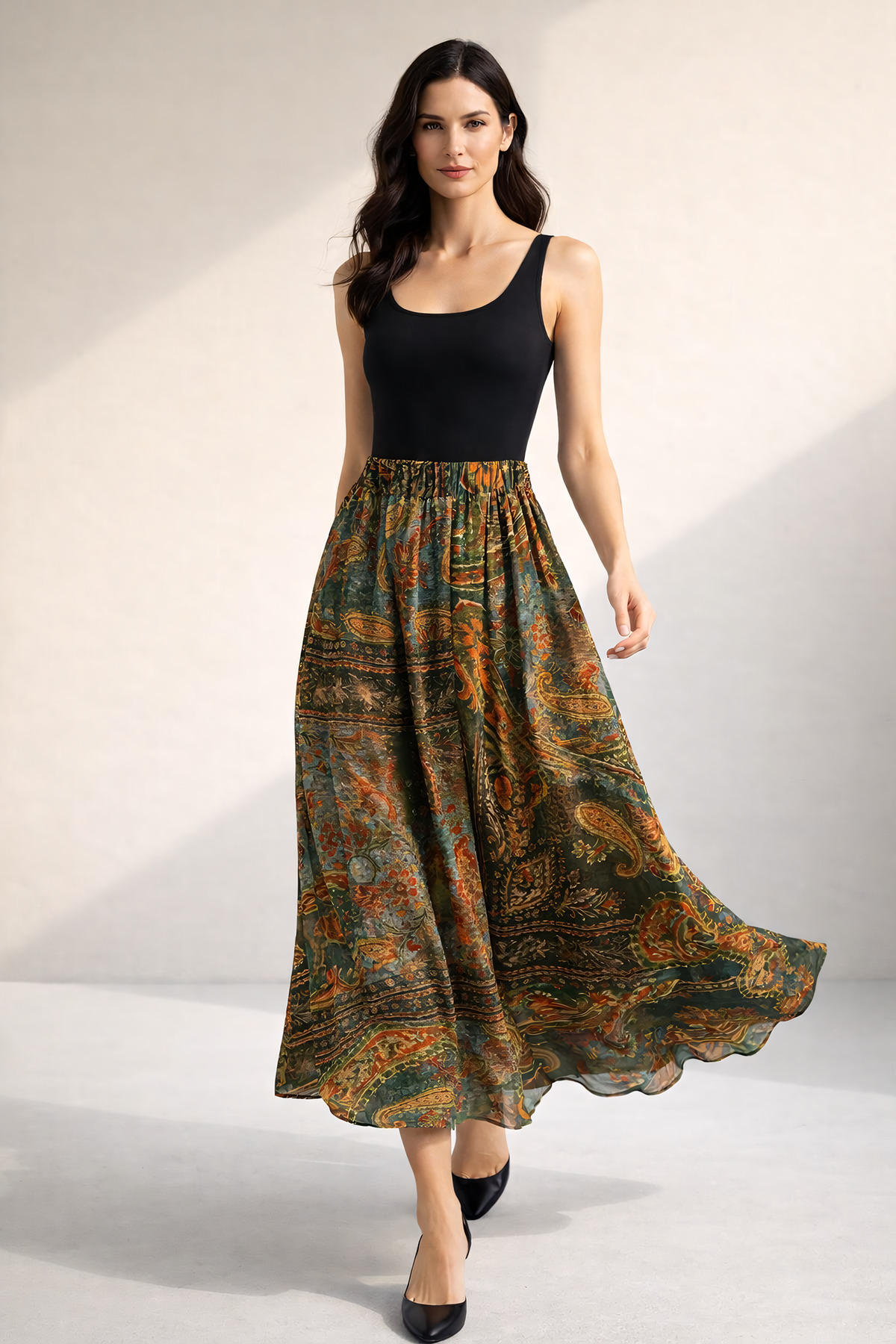 Sienza  Yüksek Bel Bohem Şal Desenli Midi Etek – Akışkan Kumaş, Lastikli Bel, Premium Günlük & Şık Kombin - Görsel 8