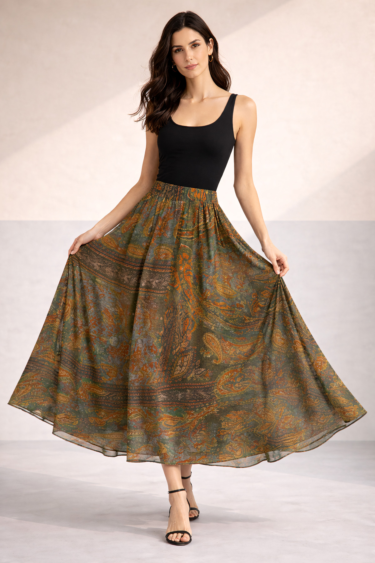 Sienza  Yüksek Bel Bohem Şal Desenli Midi Etek – Akışkan Kumaş, Lastikli Bel, Premium Günlük & Şık Kombin - Görsel 4