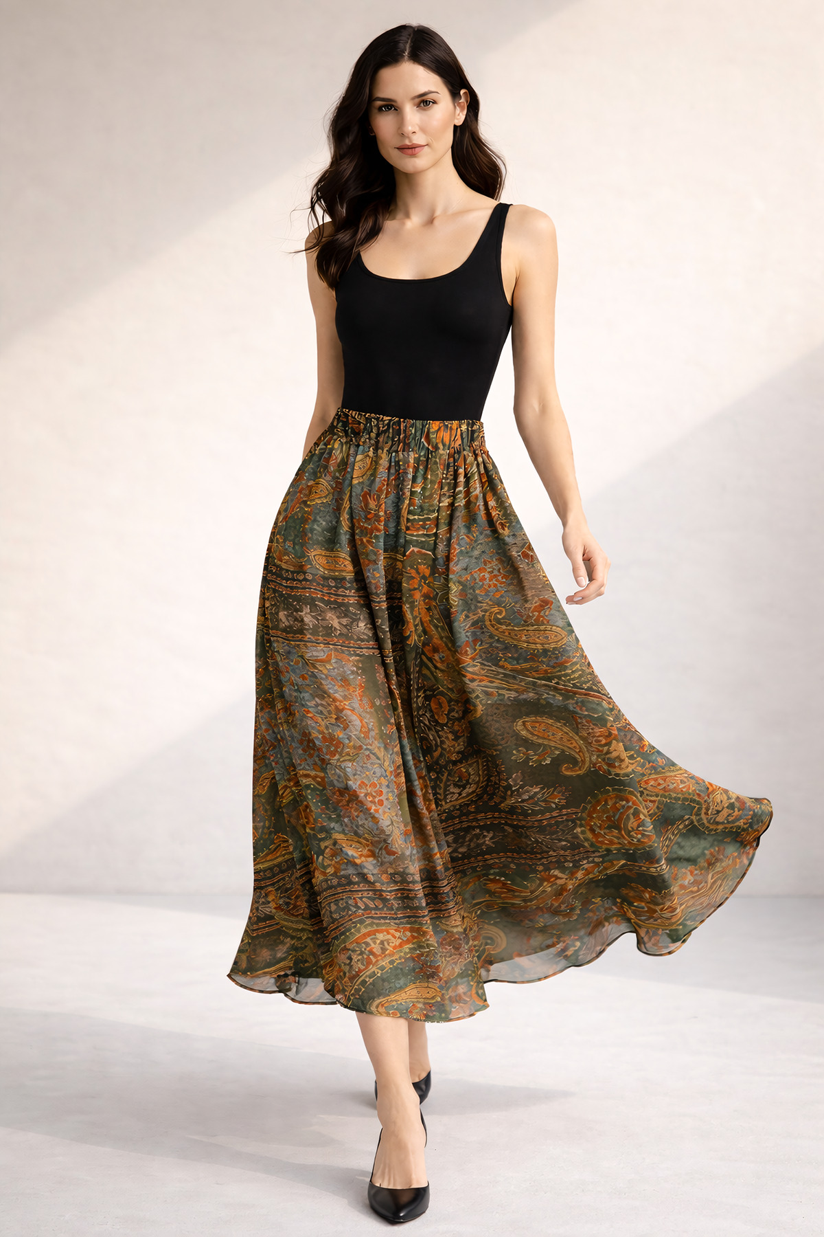 Sienza  Yüksek Bel Bohem Şal Desenli Midi Etek – Akışkan Kumaş, Lastikli Bel, Premium Günlük & Şık Kombin