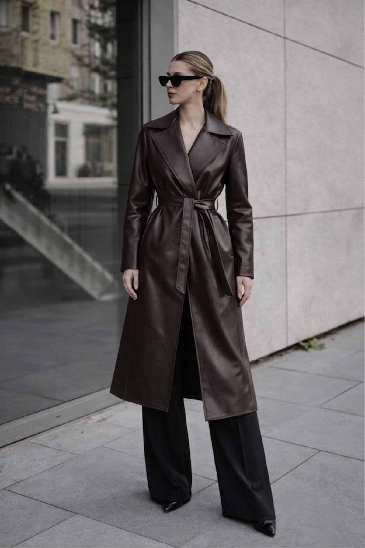gm giyimarket Yeni Sezon Kadın Oversize Deri Trençkot görsel 2
