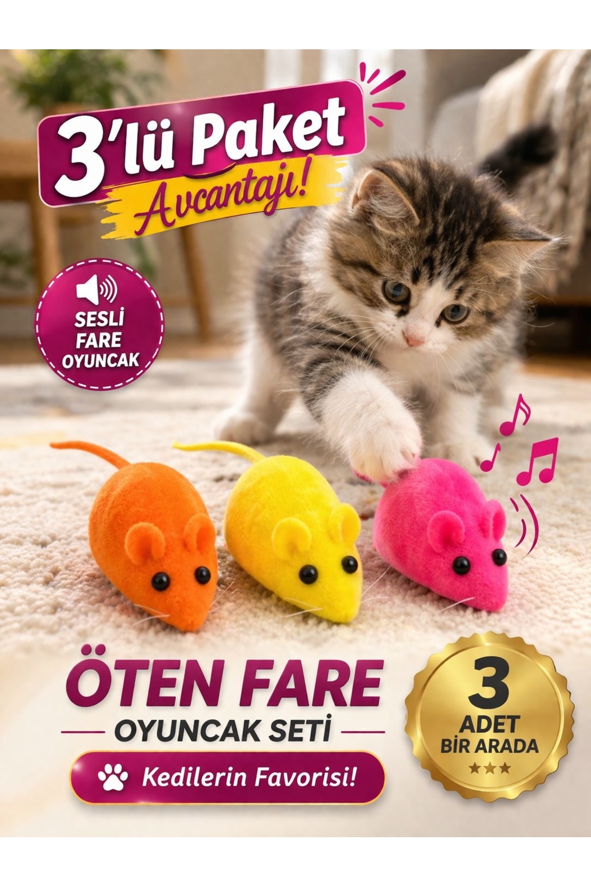 HAYHAYPETSHOP 3’lü Öten Fare Kedi Oyuncağı Seti – Sesli Peluş Fare Oyuncak (Renkli, Kedilerin Favorisi) - Fiyatı, Yorumları