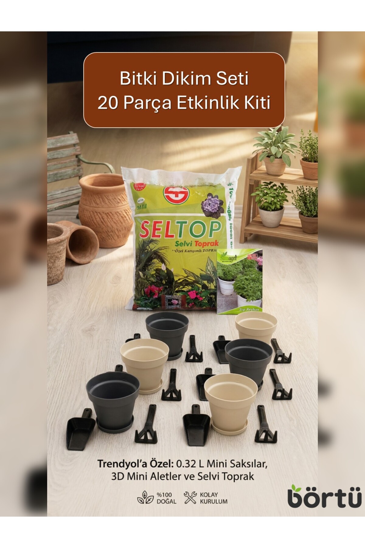 Börtü TR 20 Parça Bitki Ekim Seti Saksı Toprak Tohum Kürek Çocuk