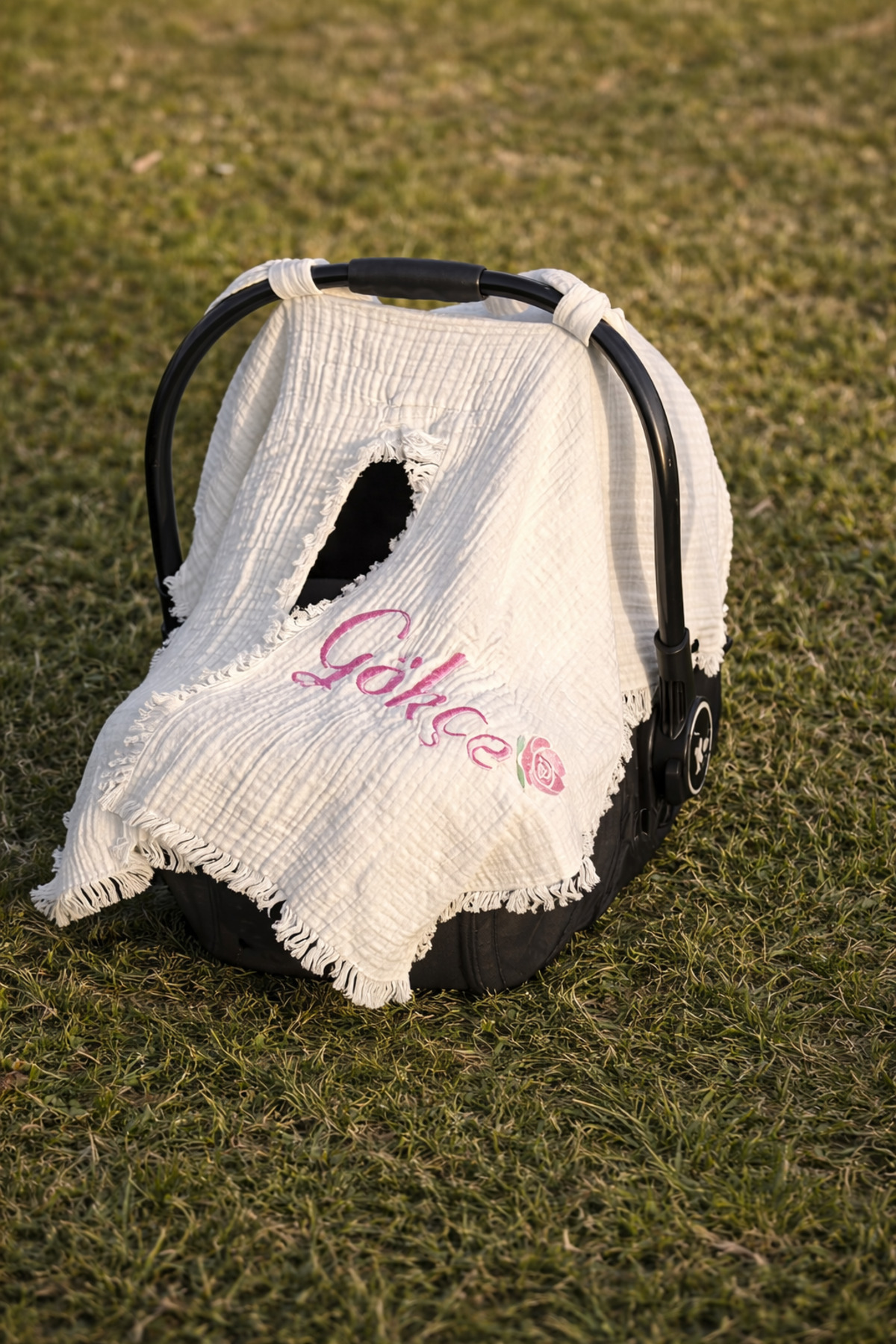 Name Embroidered Muslin Stroller Cover with Special Tassel