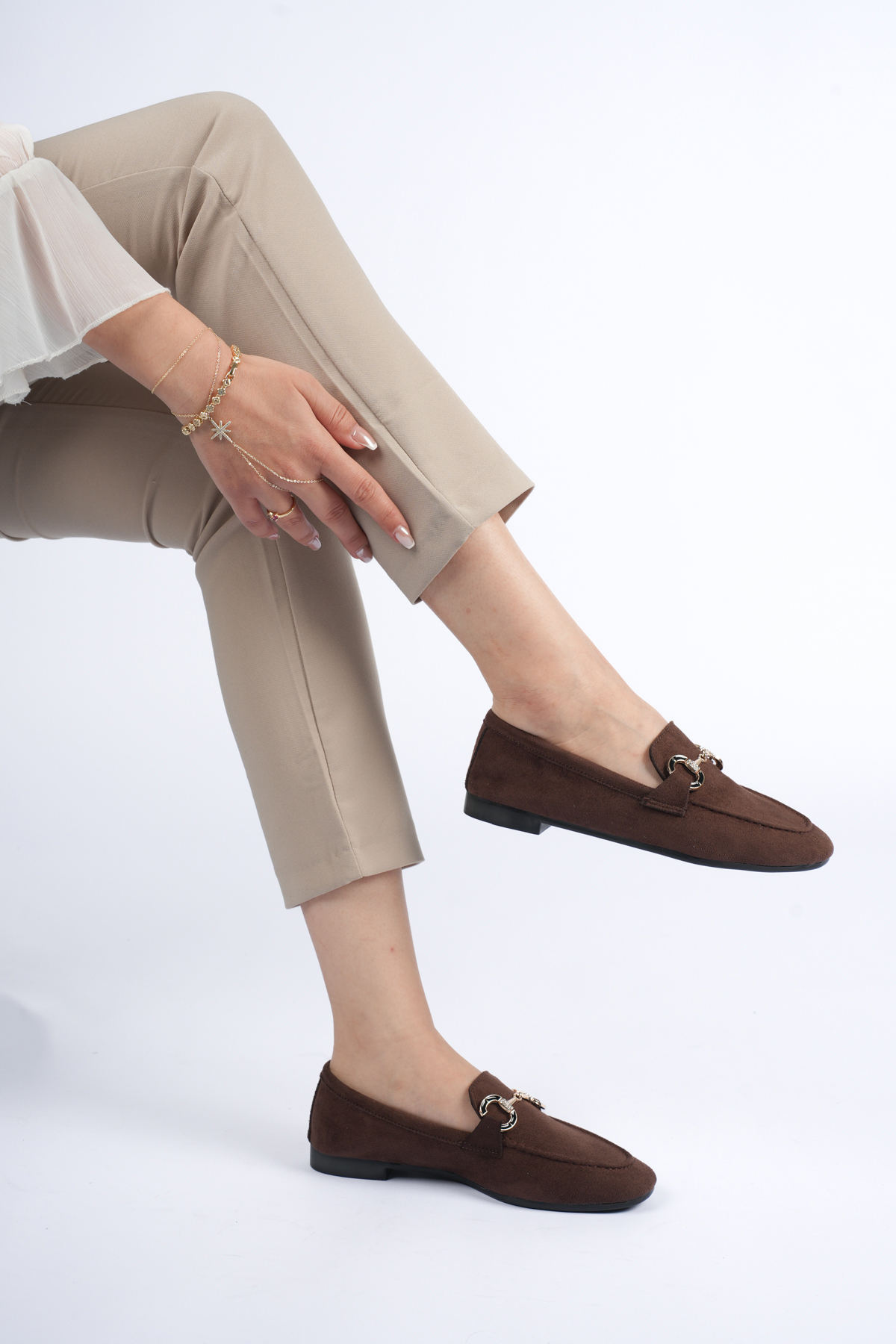 BALANZ KAHVERENGİ KADIN SÜET AYAKKABI LOAFER GOLD TAŞLI TOKALI GÜNLÜK ŞIK BABET