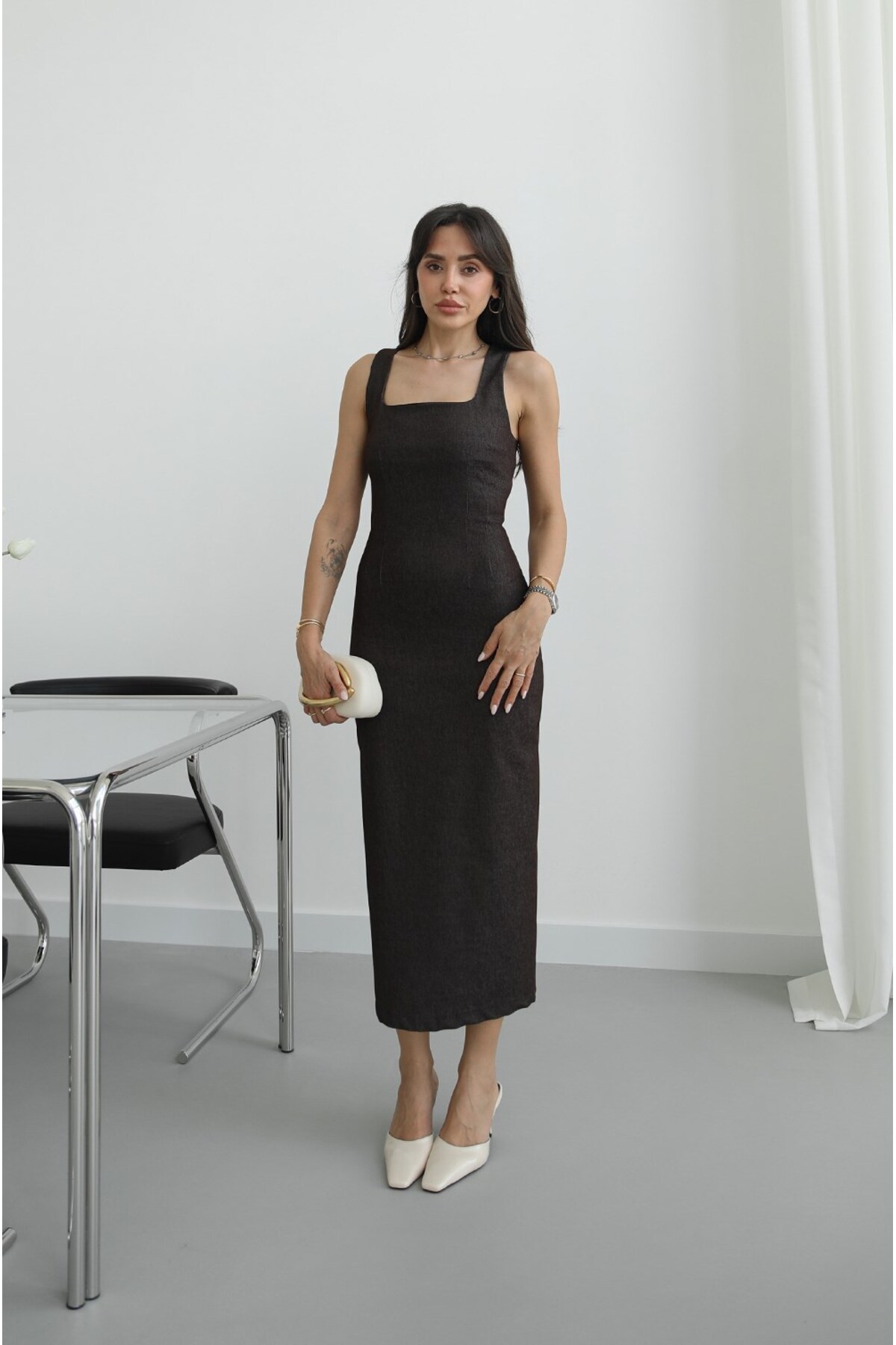 Brown Square Neck Denim Dress