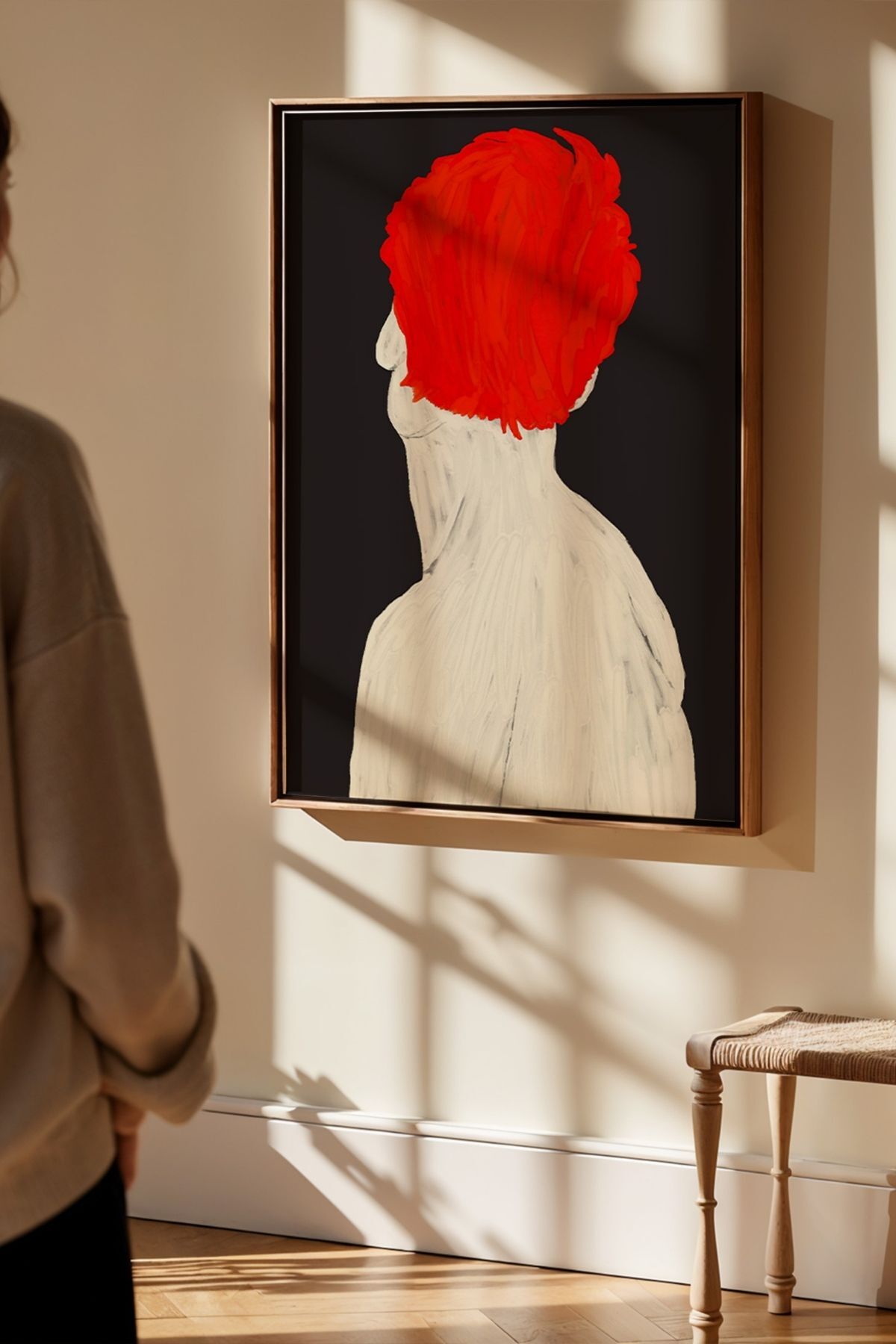 Modern Portre Tablo Kırmızı Saçlı Figür Poster Minimal Sanat Duvar Dekoru Çerçevesiz