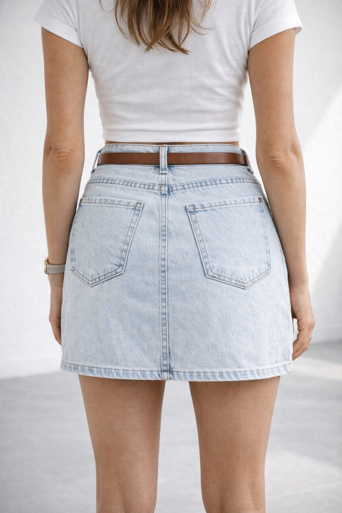 1434 Polo State  Kadın Yüksek Bel Mini Denim Etek Açık Mavi - Görsel 4