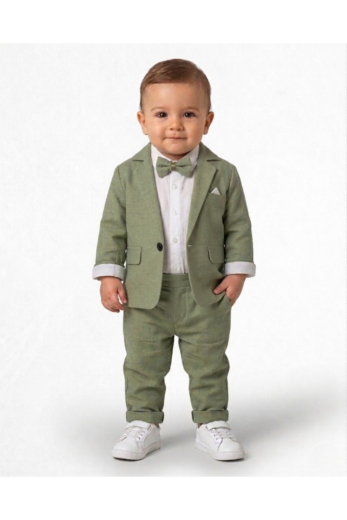 Egelite Baby Boy Linen Jacket, Trousers, Snap Button Shirt, 3-6-9-12-18-24 Months Stylish Bow Tie 4-Piece Set
