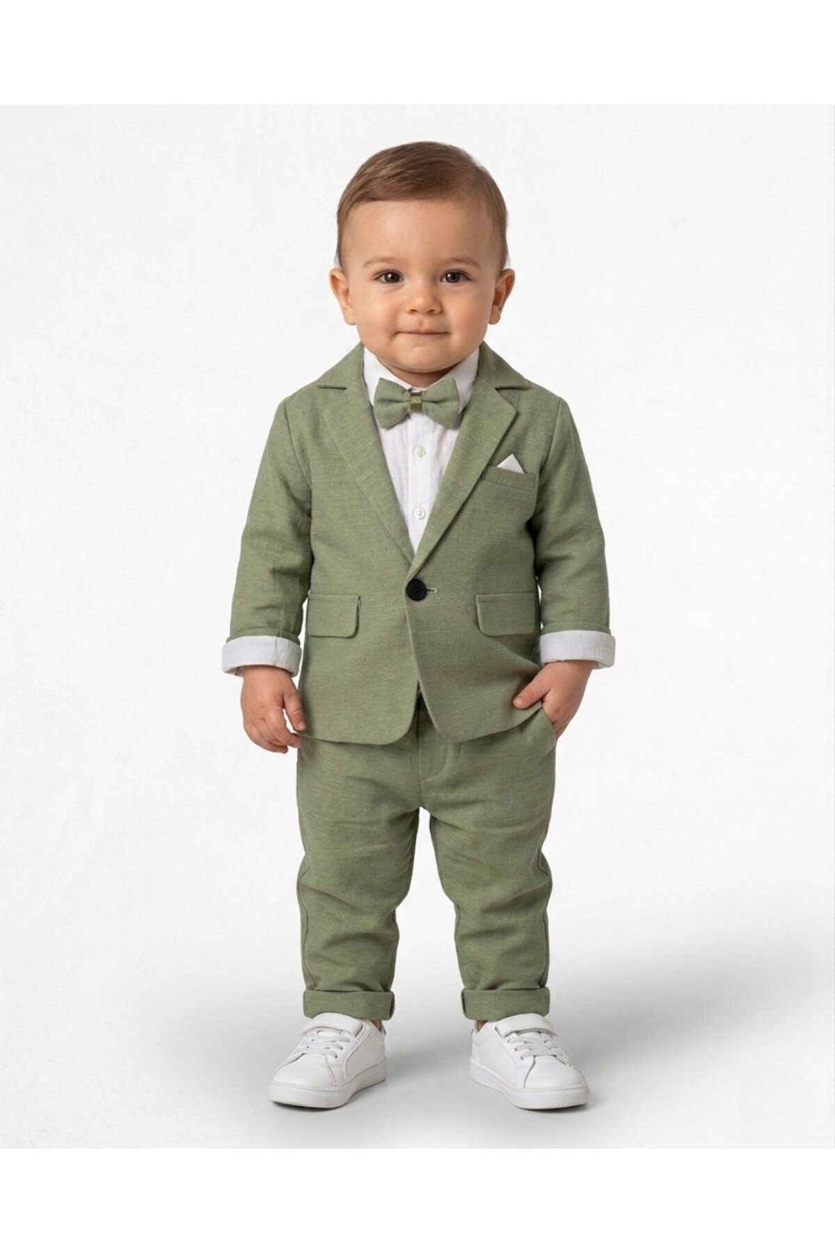 voyyo kids baby Baby Boy Linen Trousers, Jacket, Snap Button Shirt, 3-6-9-12-18-24 Months Stylish Bow Tie 4-Piece Set
