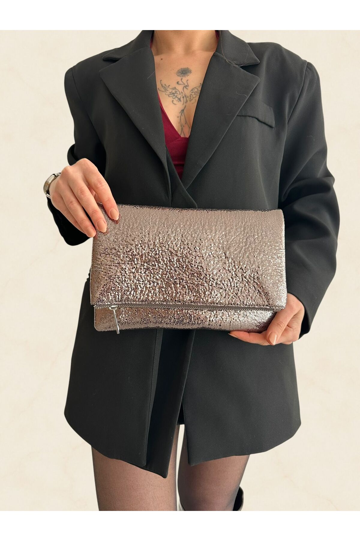 she poly Kadın Platin Portföy Clutch El Çantası