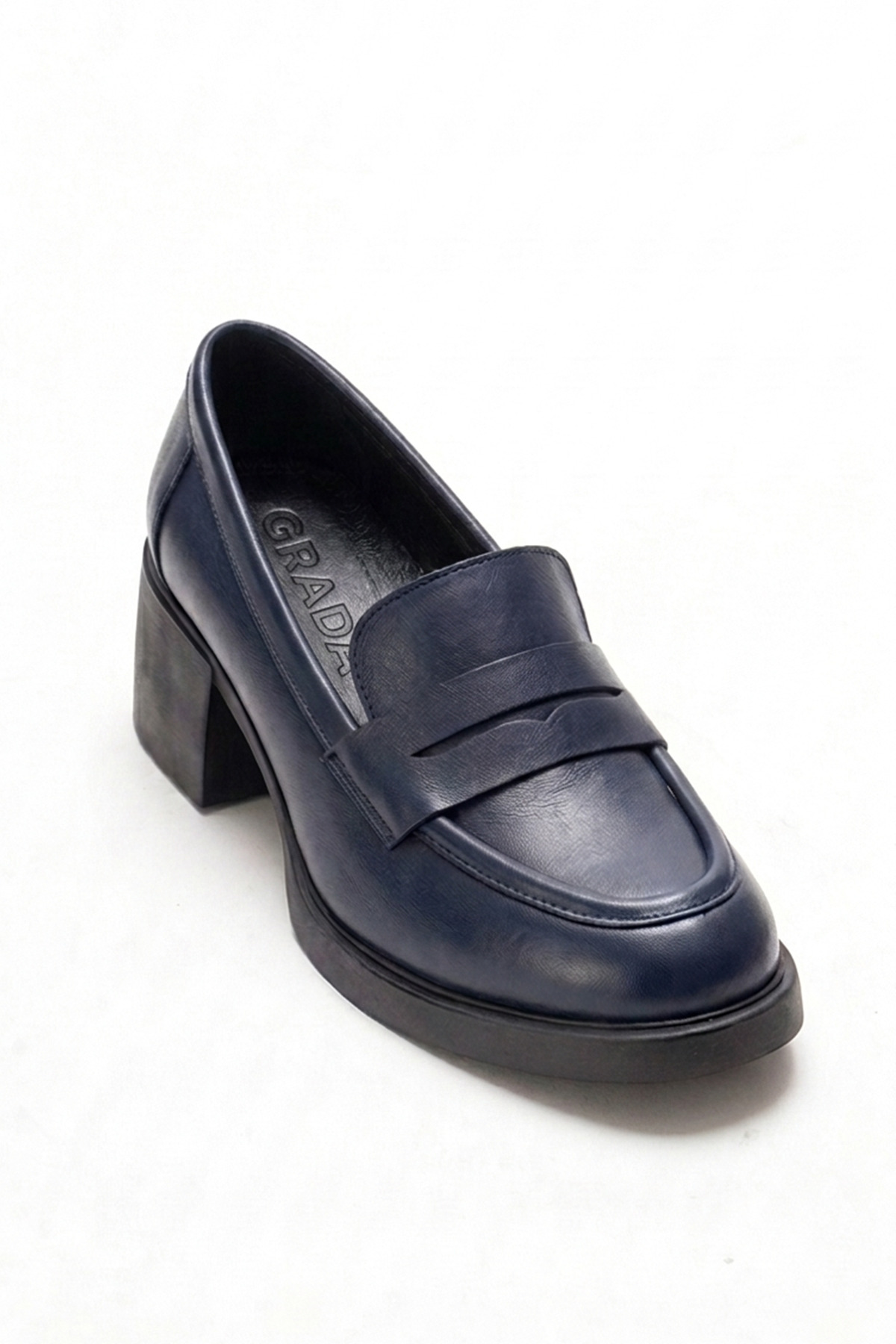 GRADA  Lacivert Hakiki Deri Kadın Topuklu Loafer Ayakkabı Gerçek Deri Topuklu Günlük Loafer Ayakkabısı - Görsel 6
