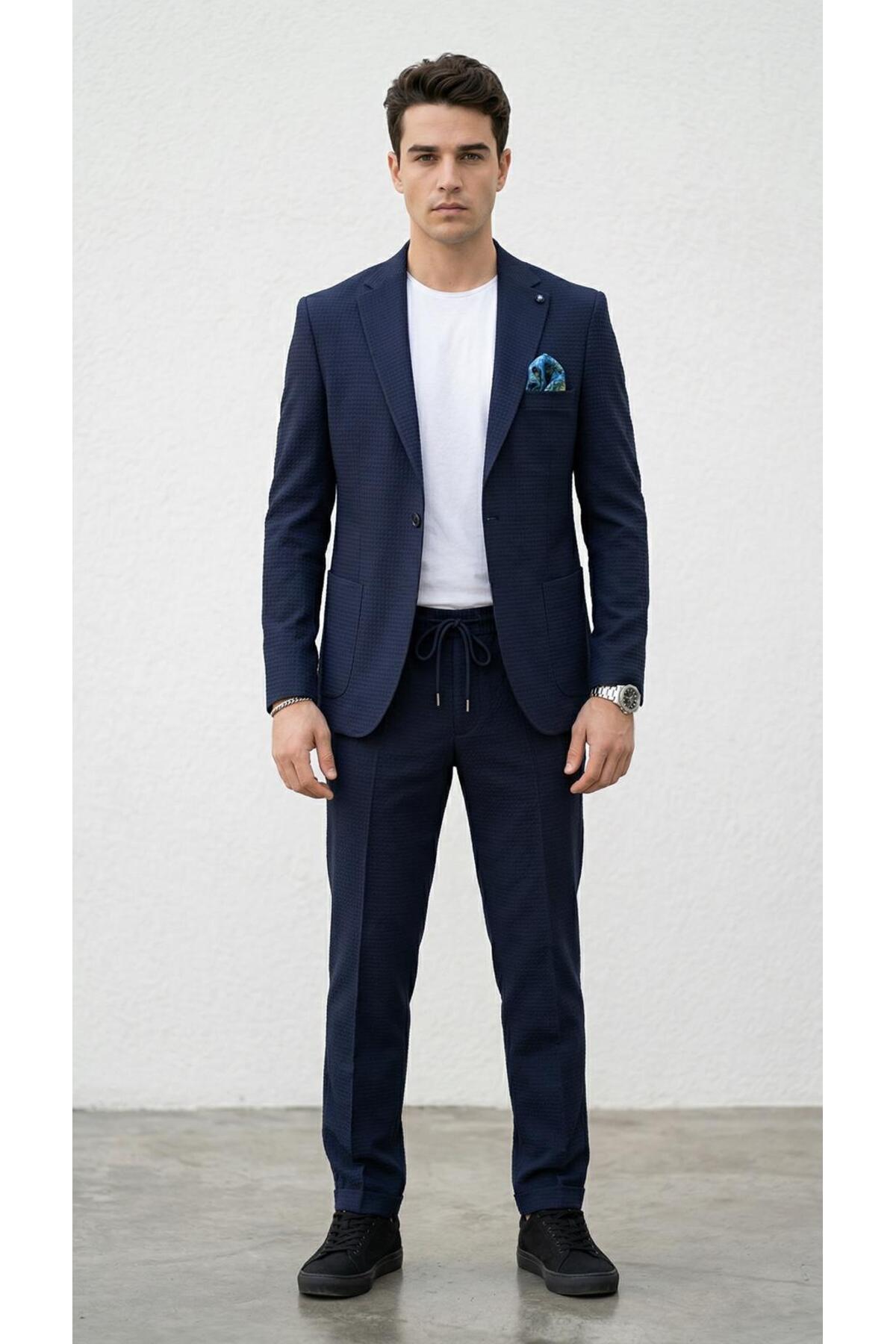 Plus Scorpion Erkek Yazlık Kumaş Tek Düğme Ceketli Jogger Pantolonlu Takım Elbise Slim Fit Spor Şık Kombin