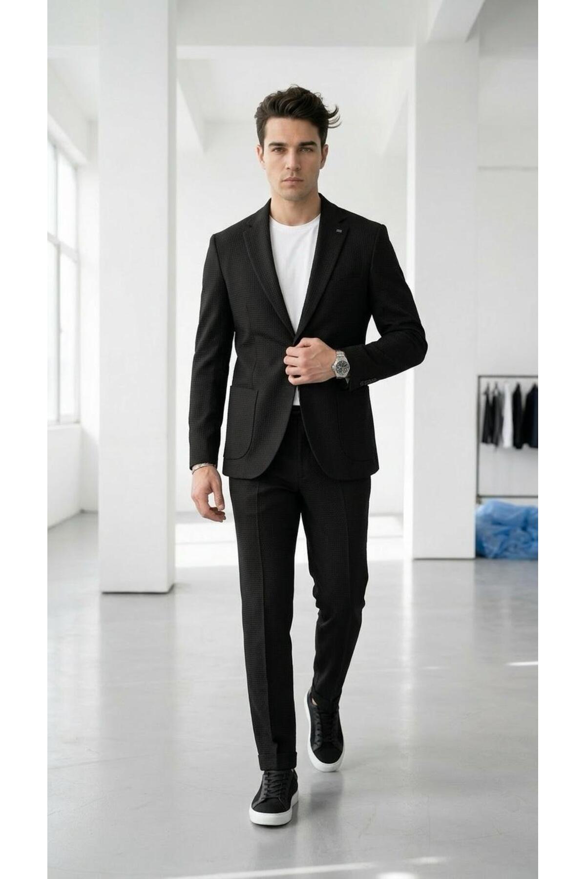 Plus Scorpion Erkek Yazlık Kumaş Tek Düğme Ceketli Jogger Pantolonlu Takım Elbise Slim Fit Spor Şık Kombin görsel 4