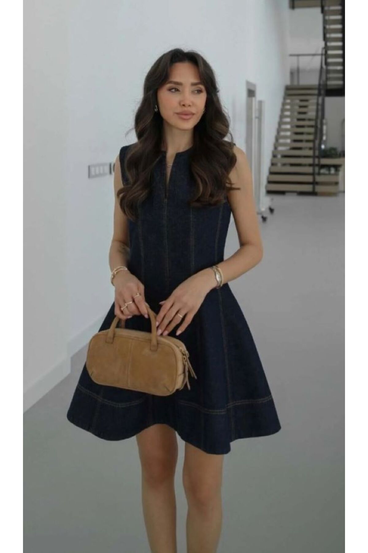 KENZA'A TRİKO Sıfır kol Yaka Detaylı Denim Mini Elbise