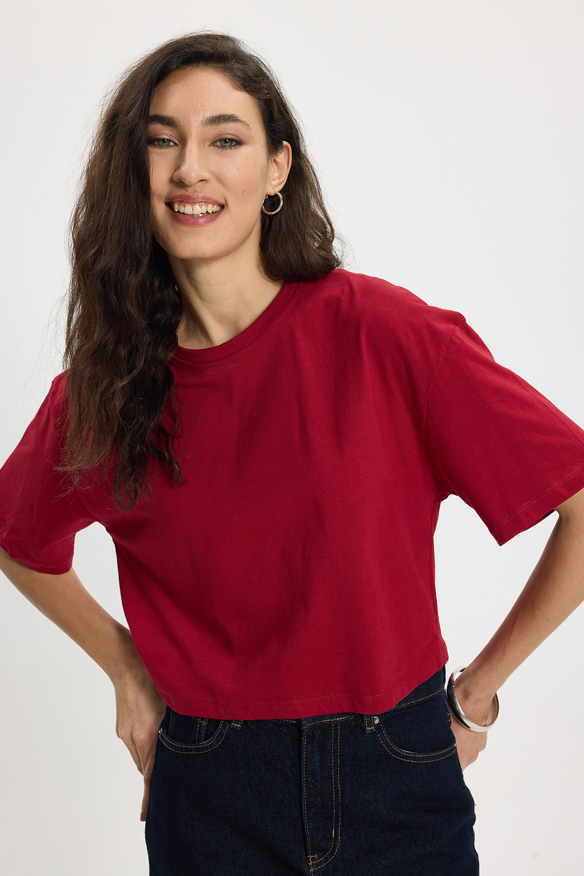 Women's Slim Fit Slim Fit 100% Cotton Short Sleeve Crew Neck Claret Red T-Shirt Blouse