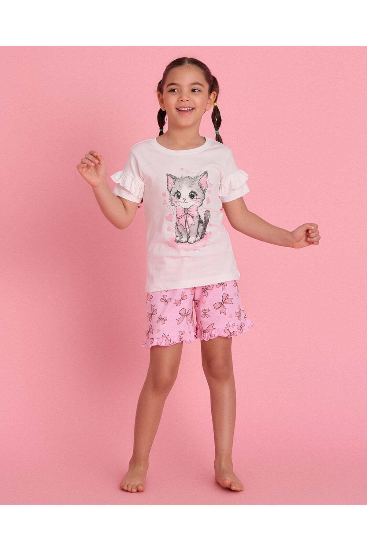 REDTAG Girls White And Pink Printed 2-Piece Pyjama Set