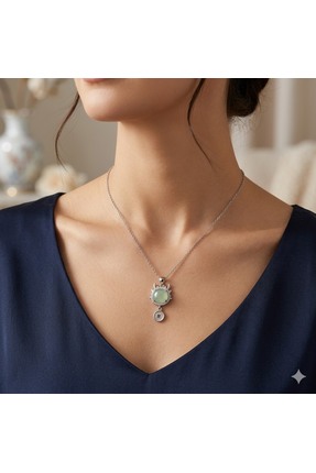 shop Yeşil ve Sıralı Beyaz Taşlı, Gümüş, Paslanmaz Çelik Kolye