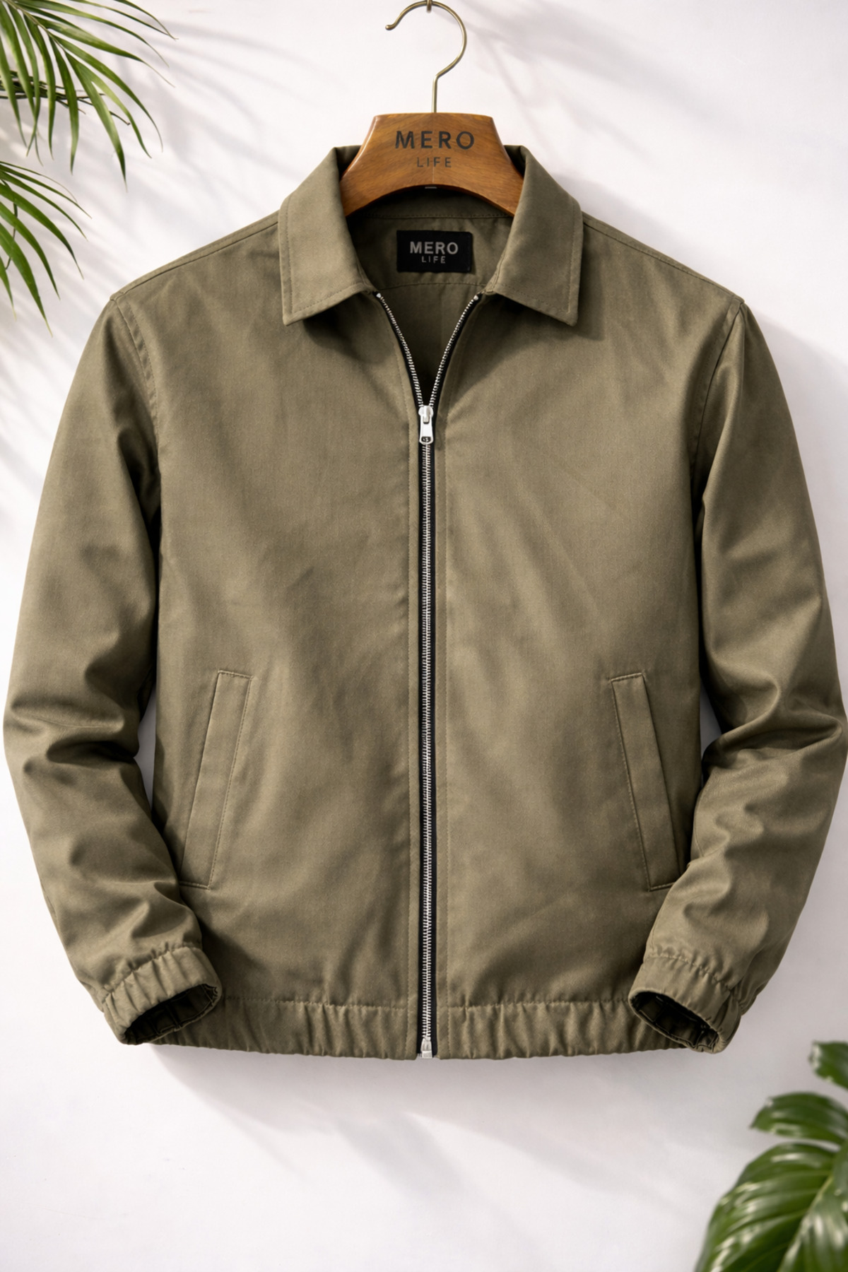 Mero Life  Erkek Basic Old Money Fermuarlı Oversize Mevsimlik Polo Yaka Gabardin Kumaş Haki Ceket
