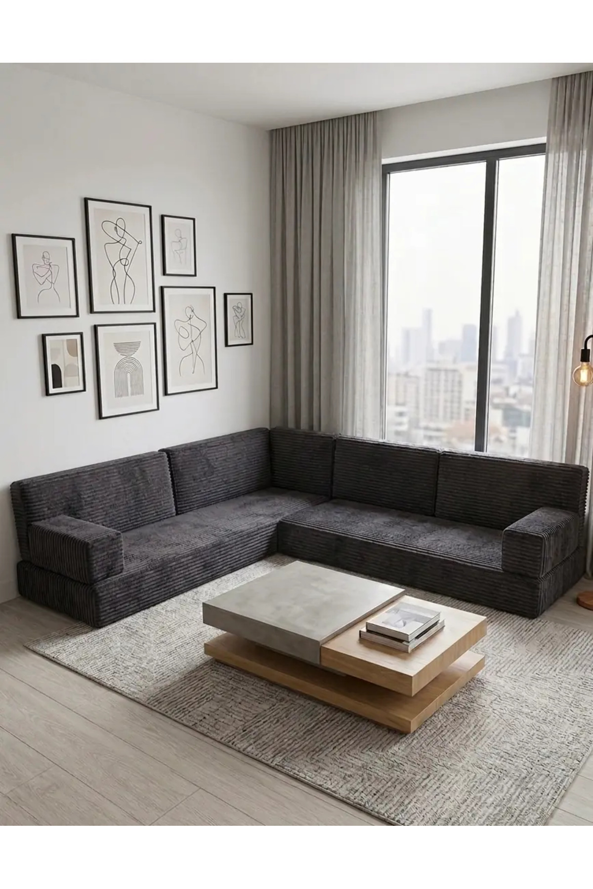 Premium Velvet Fabric, Comfort Floor Sofa ,Modular Oriental Corner Set - Anthracite- L SET