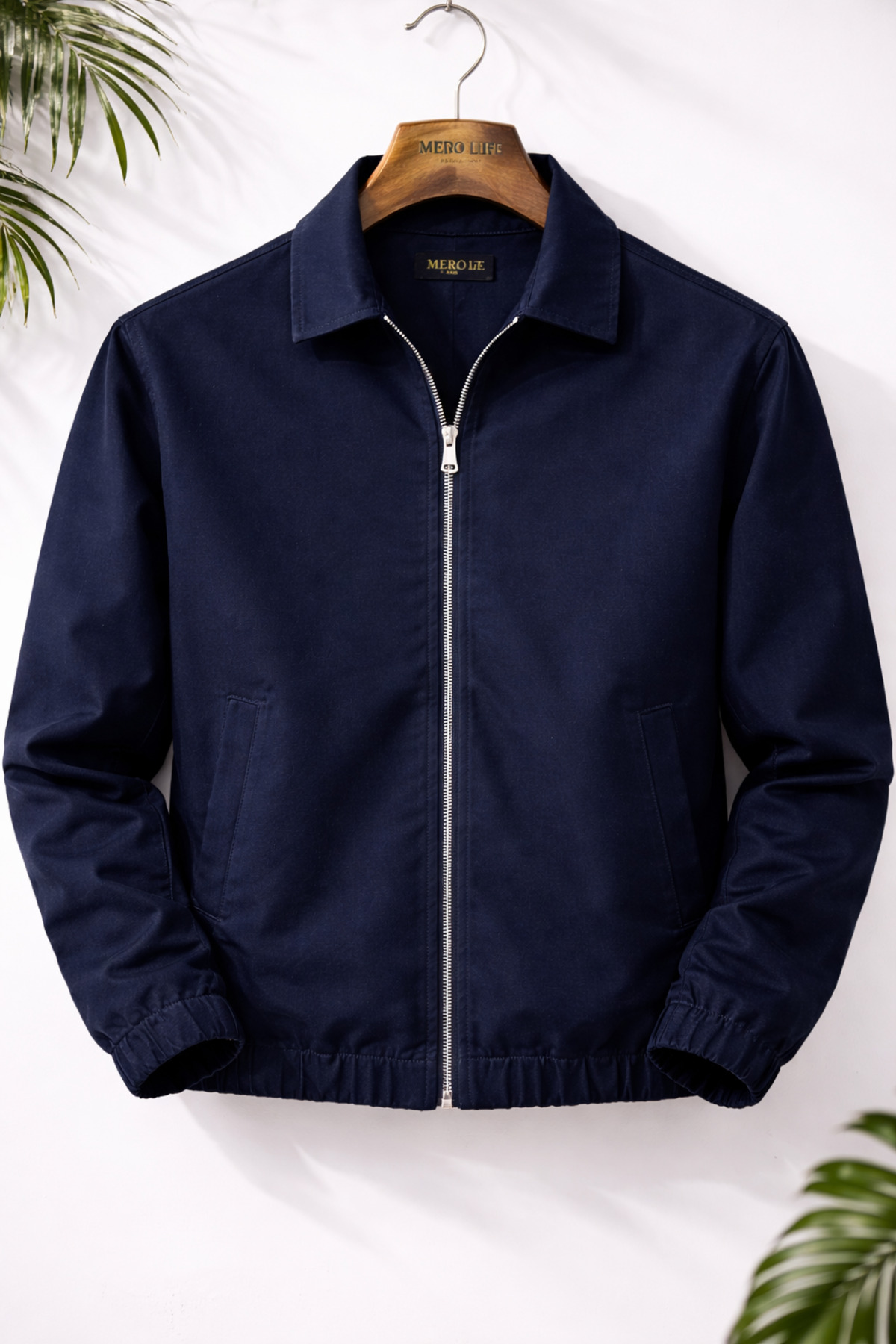 Men's Basic Old Money Zippered Oversize Seasonal Polo Neck Gabardine Fabric Navy Blue Jacket