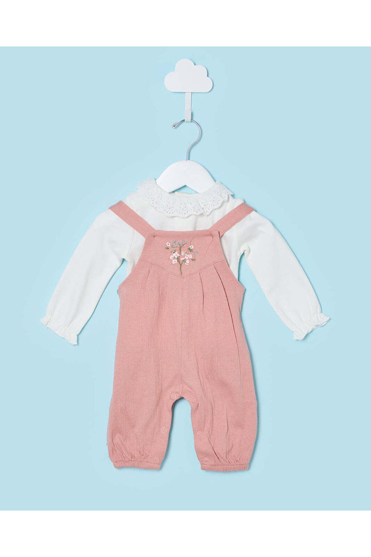 REDTAG Baby Pink Embroidered Dungaree Set With T-Shirt