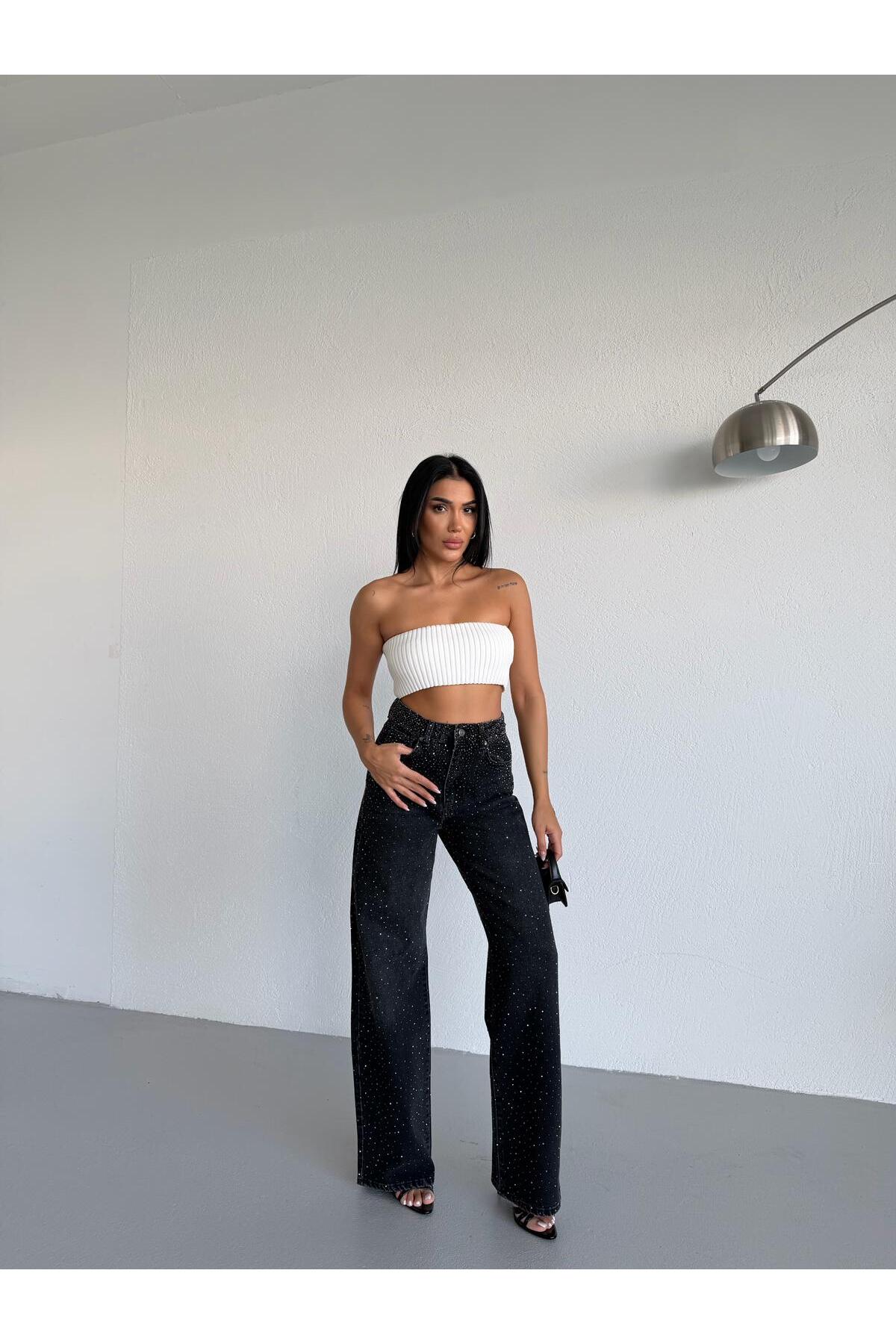 Vooz  Kadın Taşlı Wide Leg Jean Yüksek Bel Geniş Paça Denim Pantolon Siyah Füme Antrasit - Görsel 5