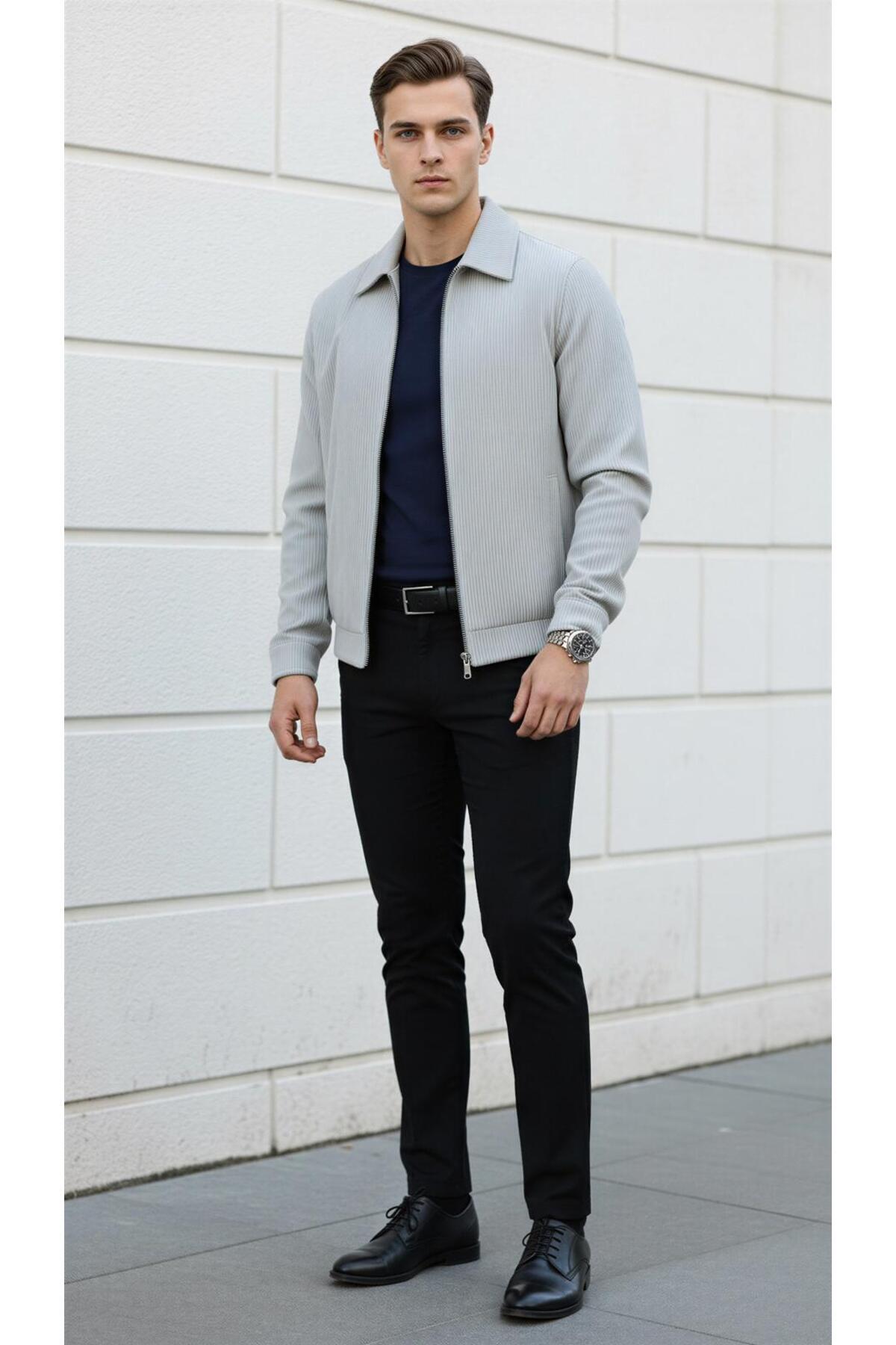 Slim Fit Fitilli Dokulu Erkek Fermuarlı Mont Ceket Günlük 3