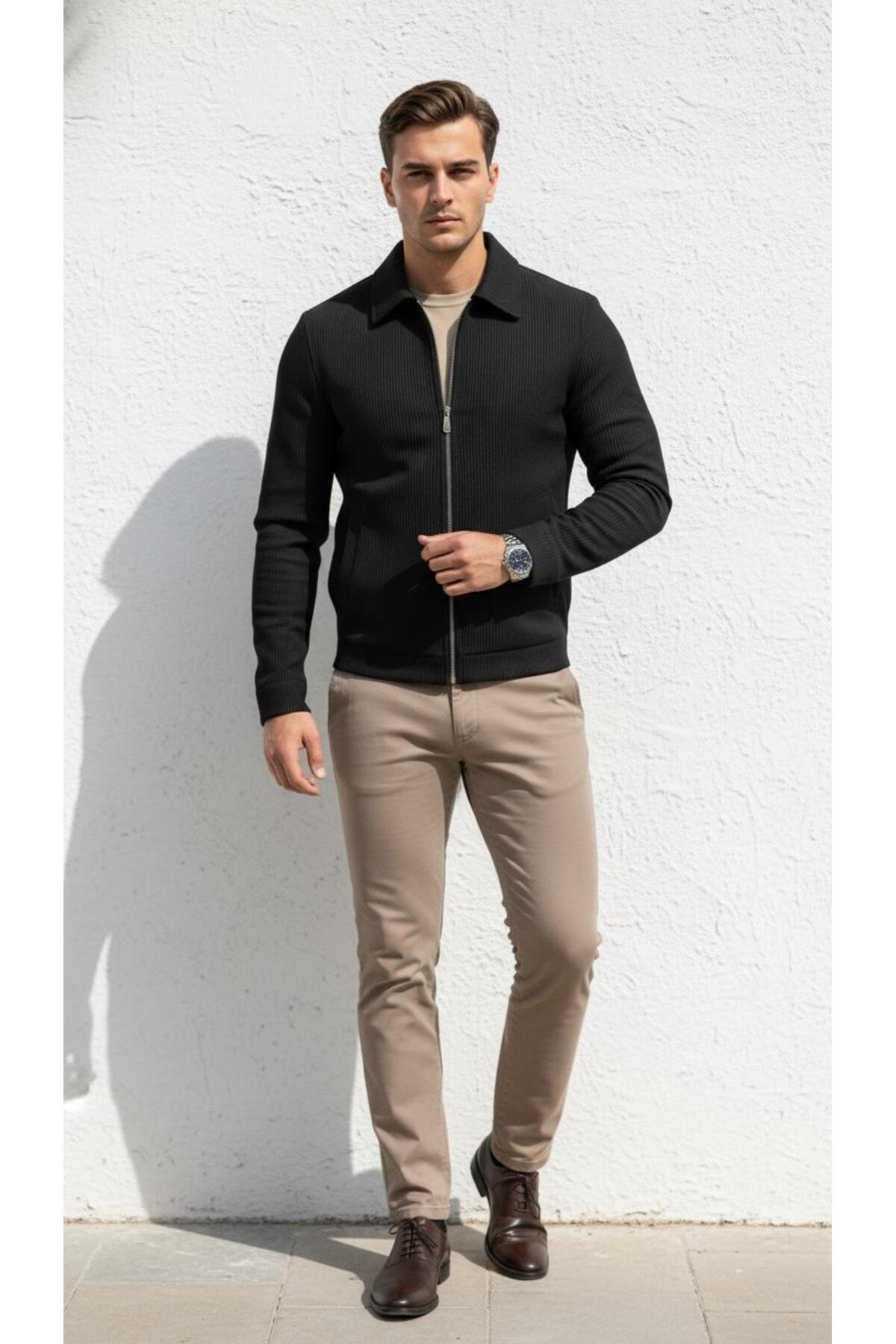 کاپشن مردانه زیپ‌دار طرح‌دار اسلیم فیت - لباس غیررسمی شیک — مشکی TR-6587954125 — تصویر 3 از 7