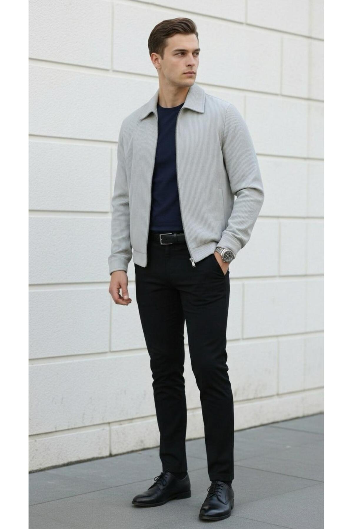 Slim Fit Fitilli Dokulu Erkek Fermuarlı Mont Ceket Günlük 4
