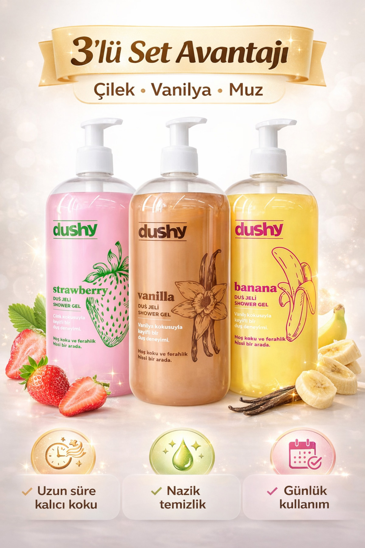 dushy Duş Jeli 3'lü Set (Çilek,Vanilya,Muz) 1000 ml x 3 - Fiyatı