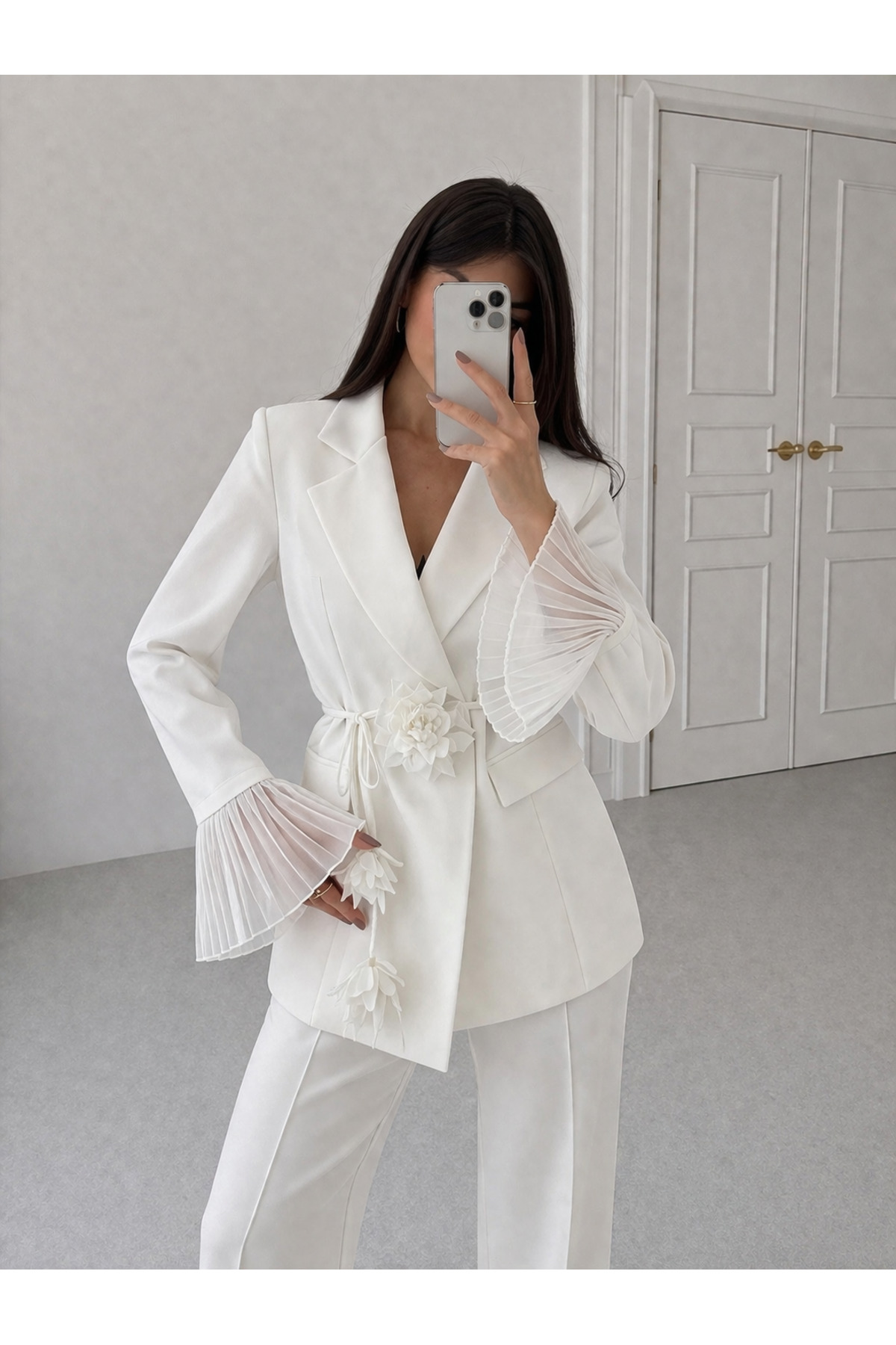 Floral Lace-up Sleeves Tulle Blazer Set