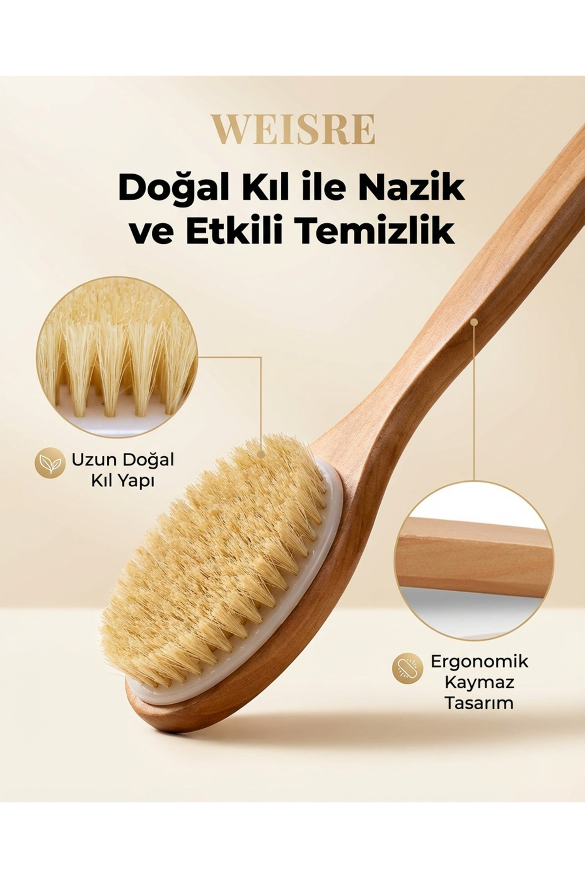Doğal Kıl Vücut Fırçası Seti Uzun Saplı ve El Tipi Kuru Fırçalama Selülit Masaj Fırçası — MJGN73WSR — تصویر 5 از 9