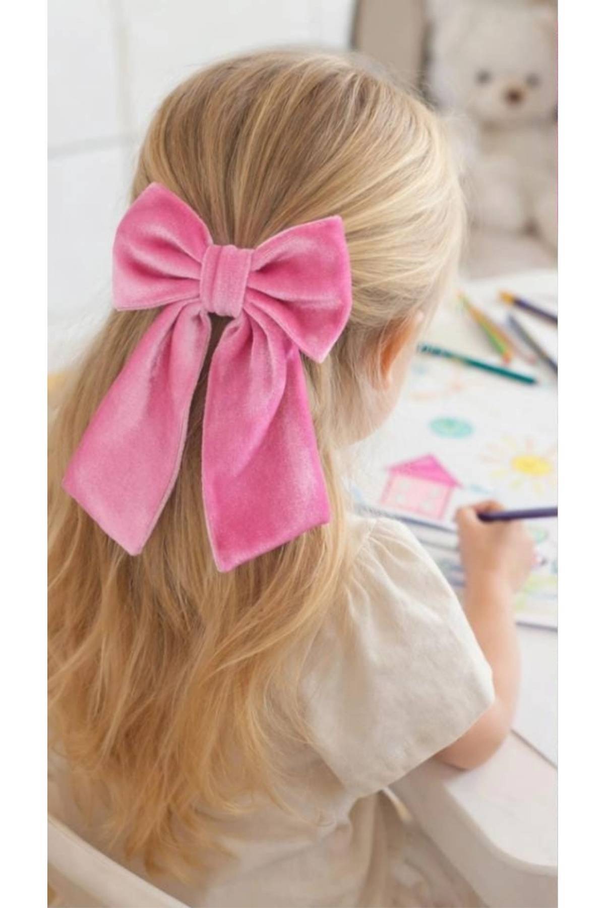 Liliza Accessories Şeker Pembe İpek Kadife Çocuk Yetişkin Kuyruklu Fiyonk Otomatik Toka