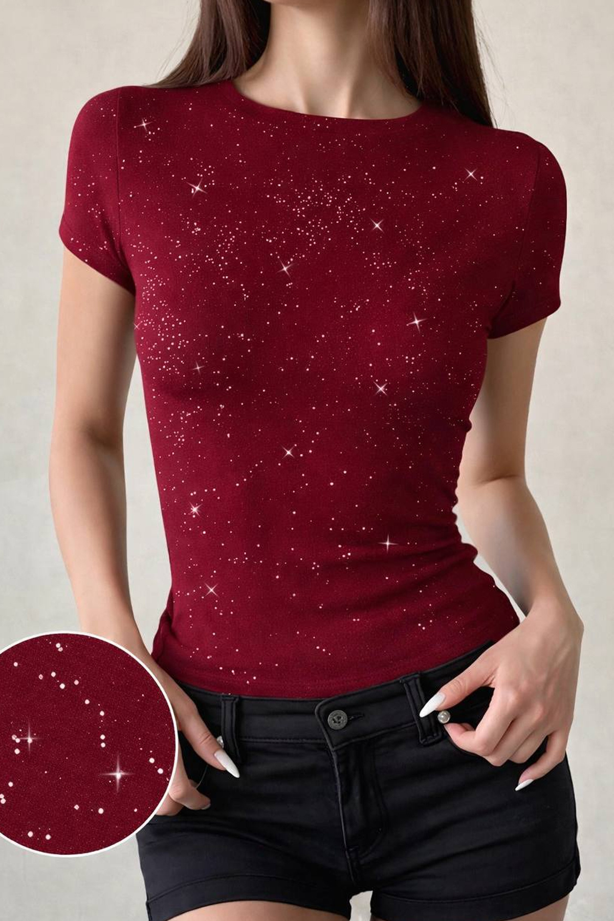 İlayda Toprak  Cris Bordo Cyrstal Detail Simli Vücudu Saran Kısa Kollu Bisiklet Yaka Bluz - Görsel 6