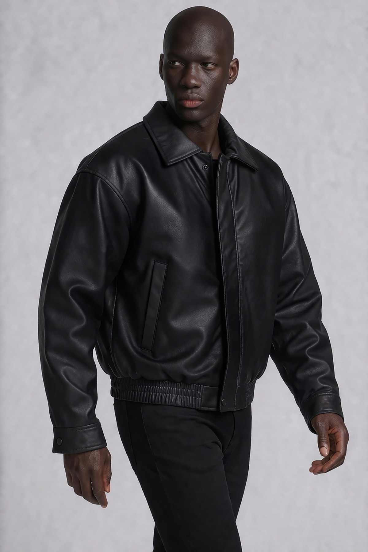 ★mooton★CLANE OVER JACKET Montivo Men's Black Faux Leather Elastic Waist Oversize Jacket