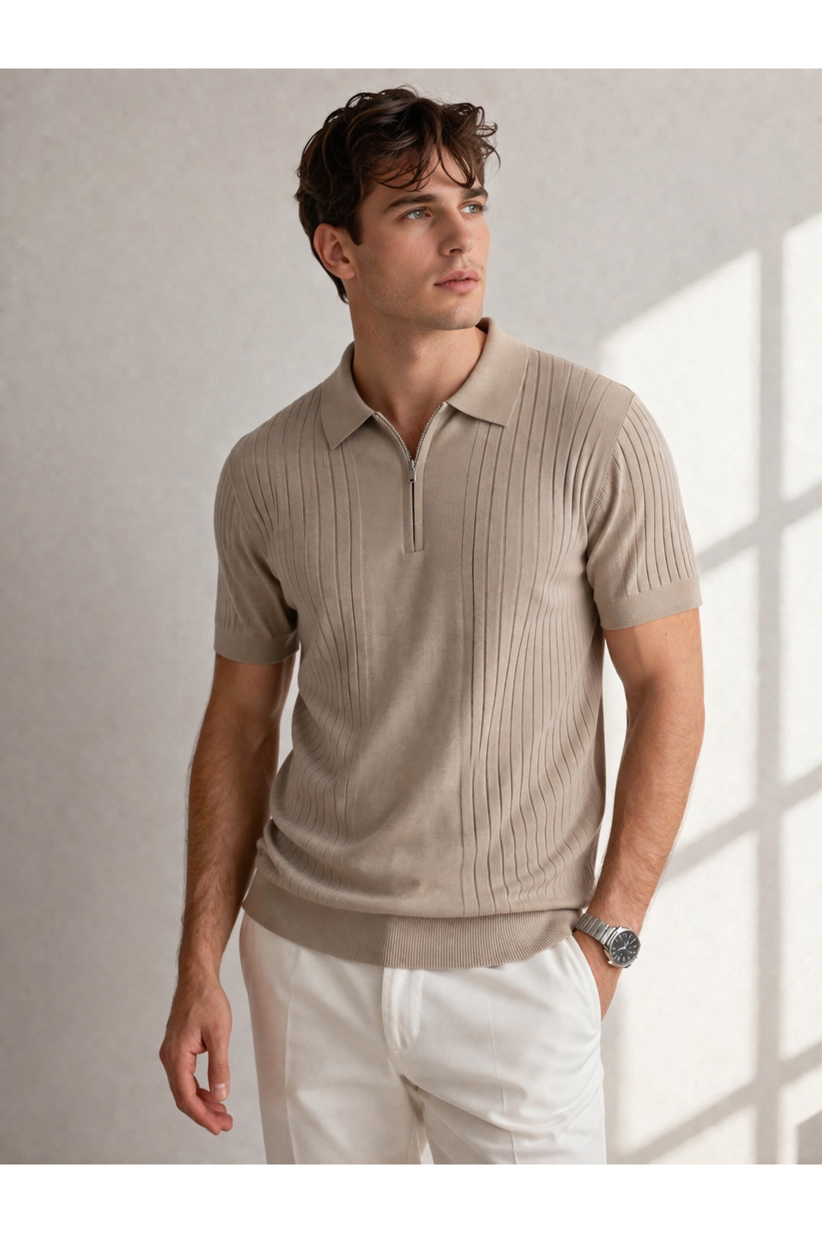 KAREL BUTİK Men's Zippered Mink Regular Fit Polo Collar T-Shirt